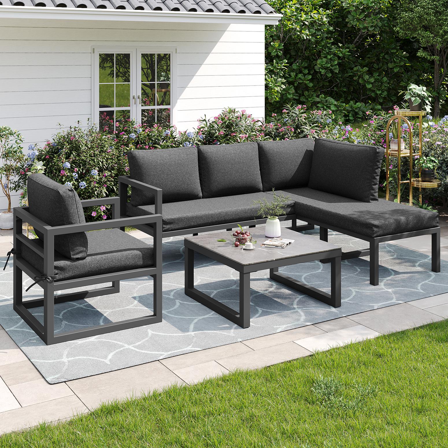 Gartenmöbel-Set, mit 2 Sofas, 1 Einzelsofa und 1 Tisch, Grau