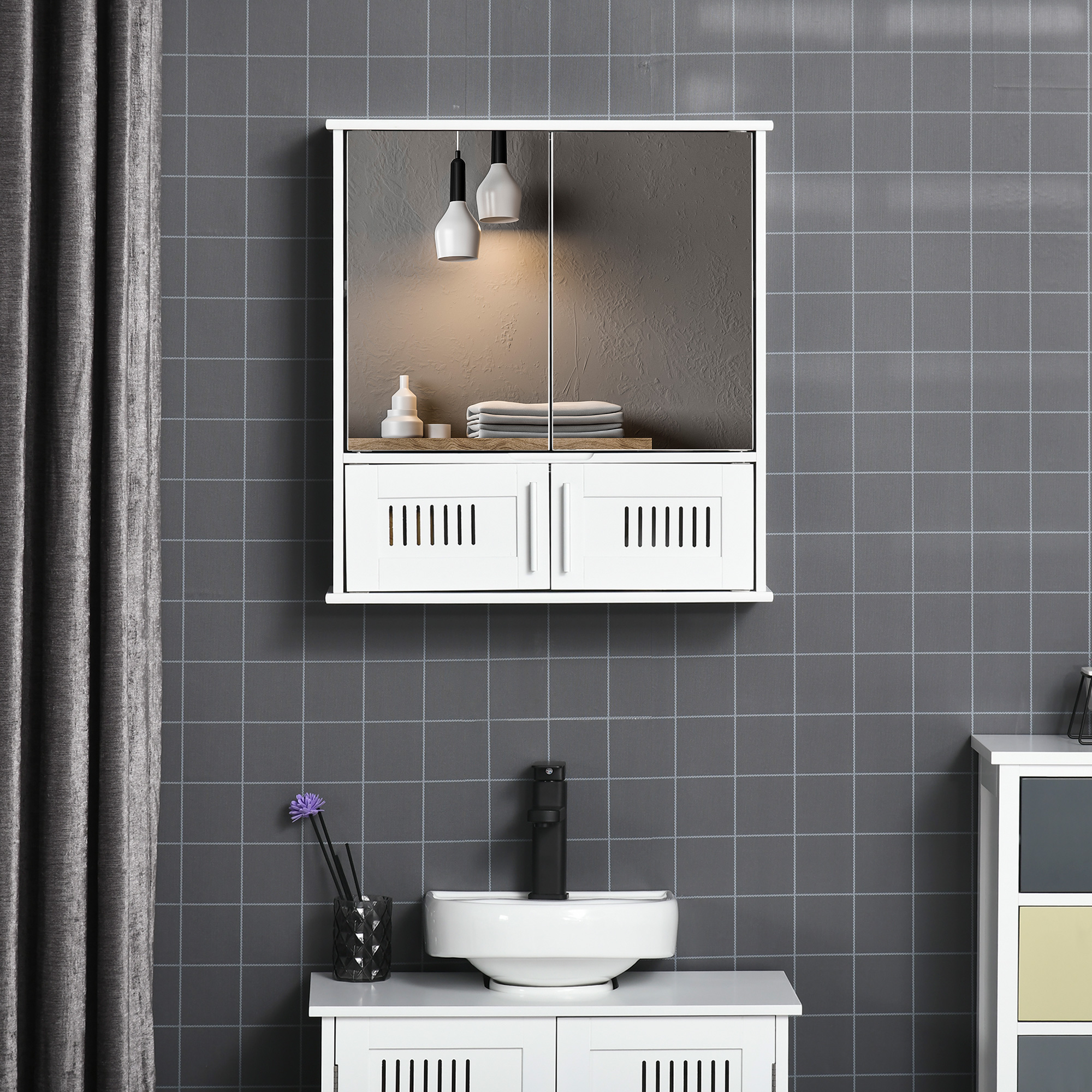 kleankin Wandspiegelschrank mit Spiegel für das Badezimmer - Hochschrank mit Spiegel - Toiletten-Aufbewahrungsschrank - 4 Türen, Regal - Weißes MDF-Glas