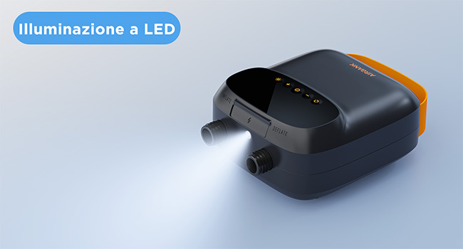 Dispositivo illuminato a LED nero e arancione con doppia porta, che mostra un fascio di luce attivo. Il testo indica la funzione di illuminazione a LED