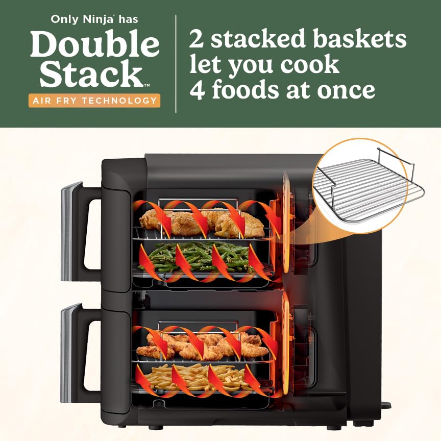 Ninja DoubleStack 2 Basket Air Fryer, DoubleStack Technology Cooks 4 Foods at Once, Space Saving Design, 8 QT, 6 in 1, Smart Finish & Match Cook, Air Fry, Broil, Bake, Easy Meals & Clean, Black, SL201 : Home & Kitchen