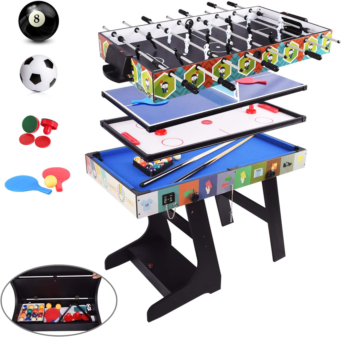 OYE Gioco da tavolo pieghevole multiradio 4FT – Calcio balilla (calciatore da tavolo)/ping-pon/hockey/tavolo da biliardo, MDF, 124 x 82 x 61 cm