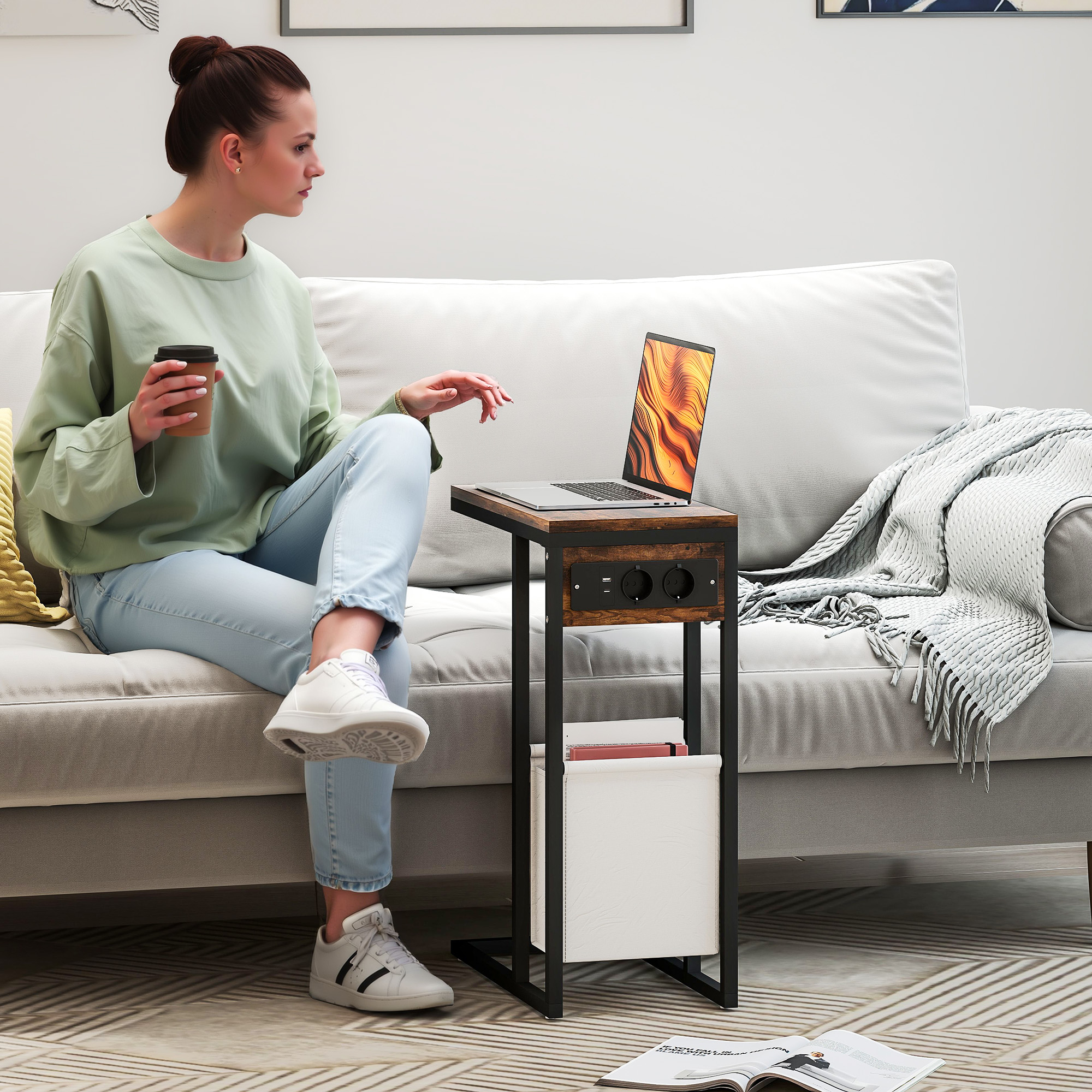 HOMCOM Beistelltisch mit Steckdosen, USB-Anschlüssen, Kabel, C-förmiges Design