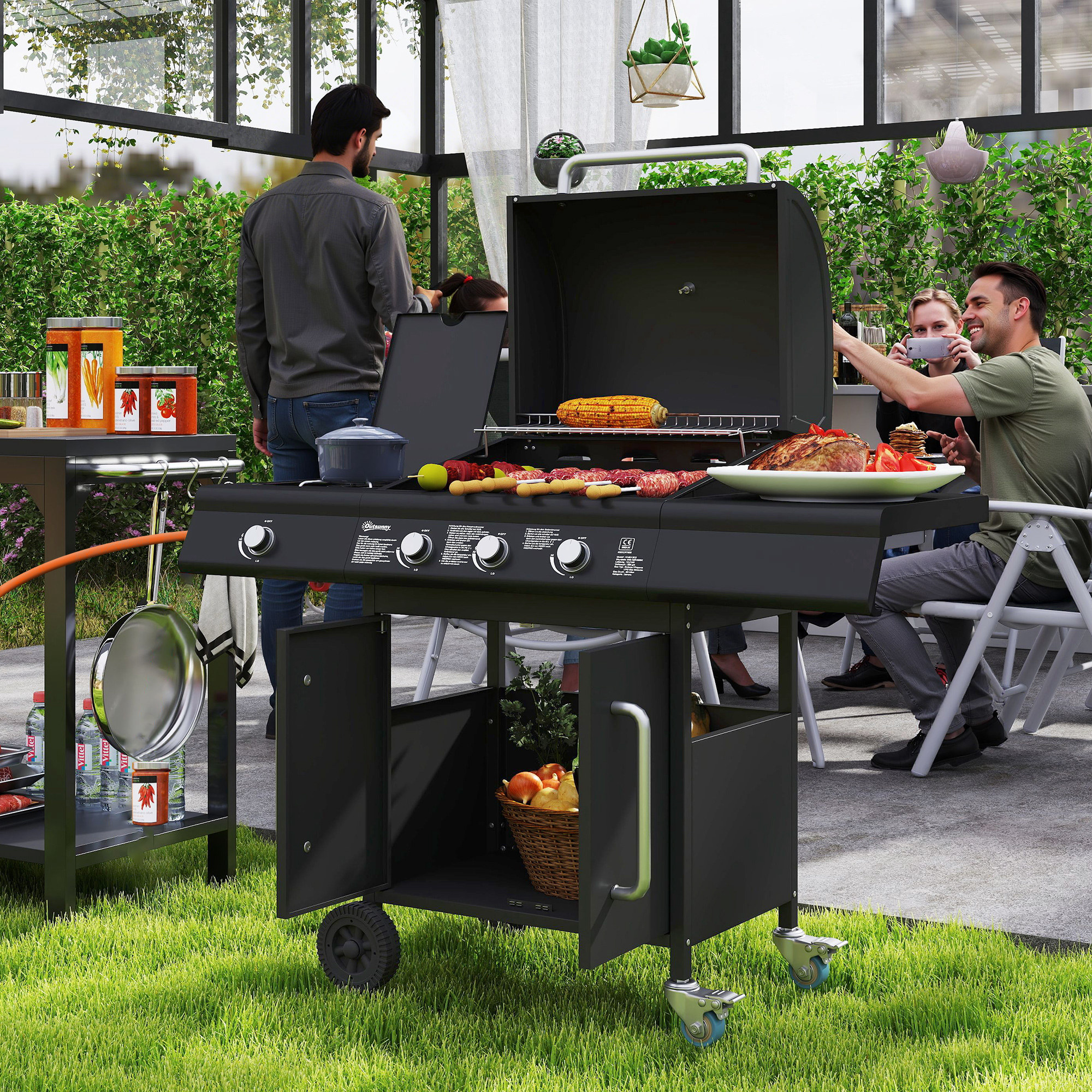 Outsunny Fahrbarer Gasgrill mit Stauraum, Seitentisch, Seitenbrenner, Warmhalterost, Thermometer, Edelstahl, Schwarz