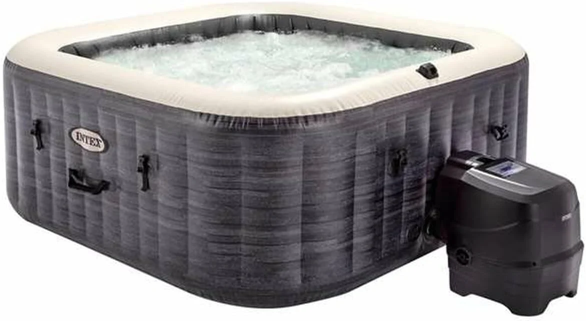 Intex 28450, 175x175x71 cm, Whirlpool aufblasbar PureSpa Greystone Deluxe Quadrat, 4 Personen, 140 Düsen, Heizung und Wasseraufbereitung, PVC, Grau