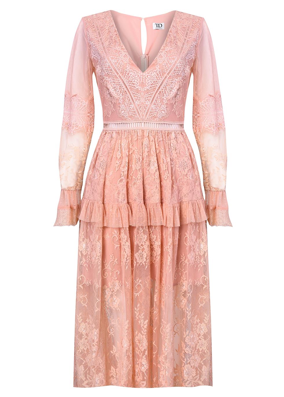 Emmie Dusty Peach V-Neck Lace Midi Dress