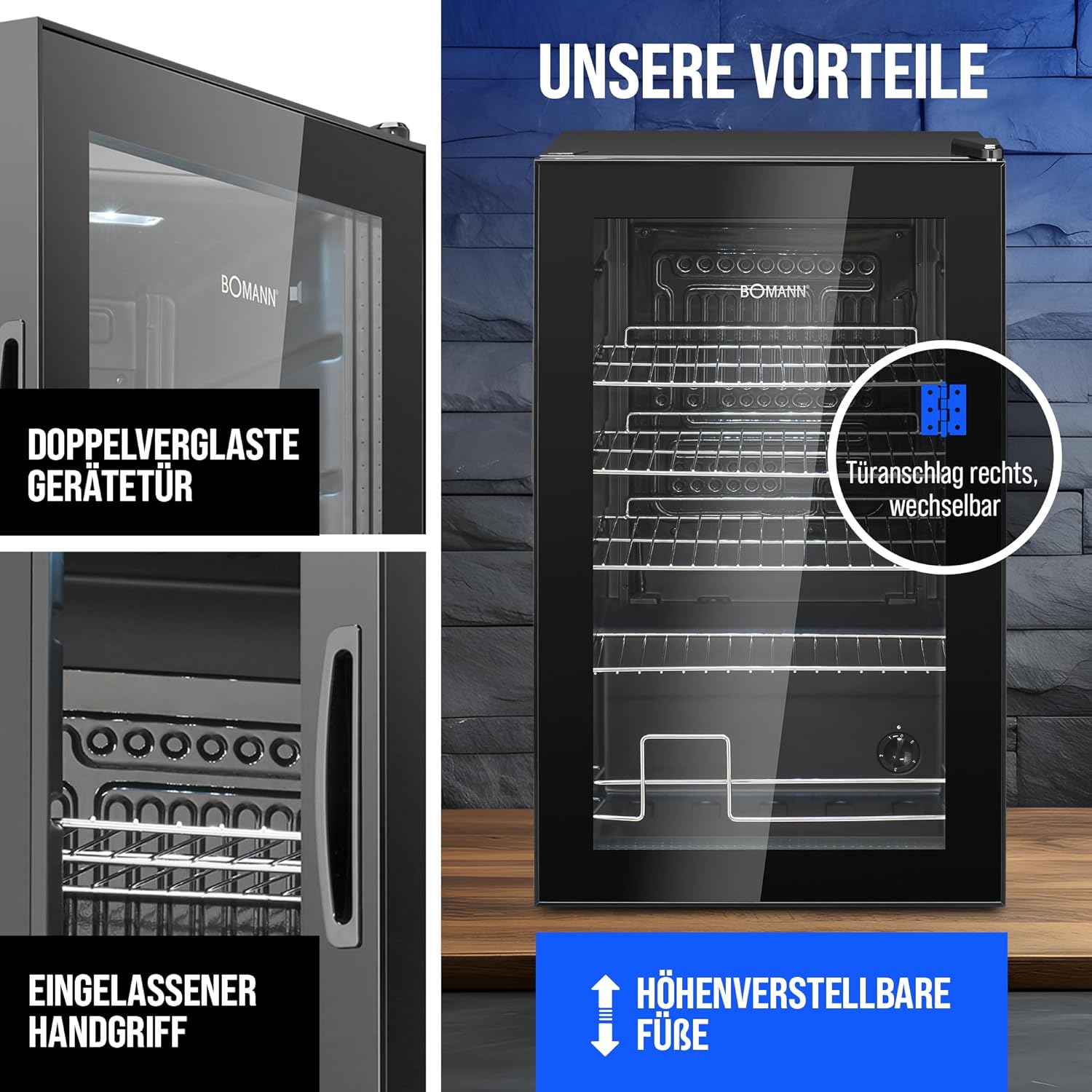 Bomann® Getränkekühlschrank | 63 Liter | stufenlos regelbar +3–10°C | Flaschenkühlschrank mit Glastür, 4 Ablagen & LED-Beleuchtung | leise, energieeffizient & kompakt | für Flaschen & Dosen | KSG 7287
