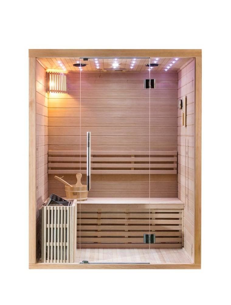 Sauna finlandese 3 posti con parete frontale in vetro cielo stellato radio mp3