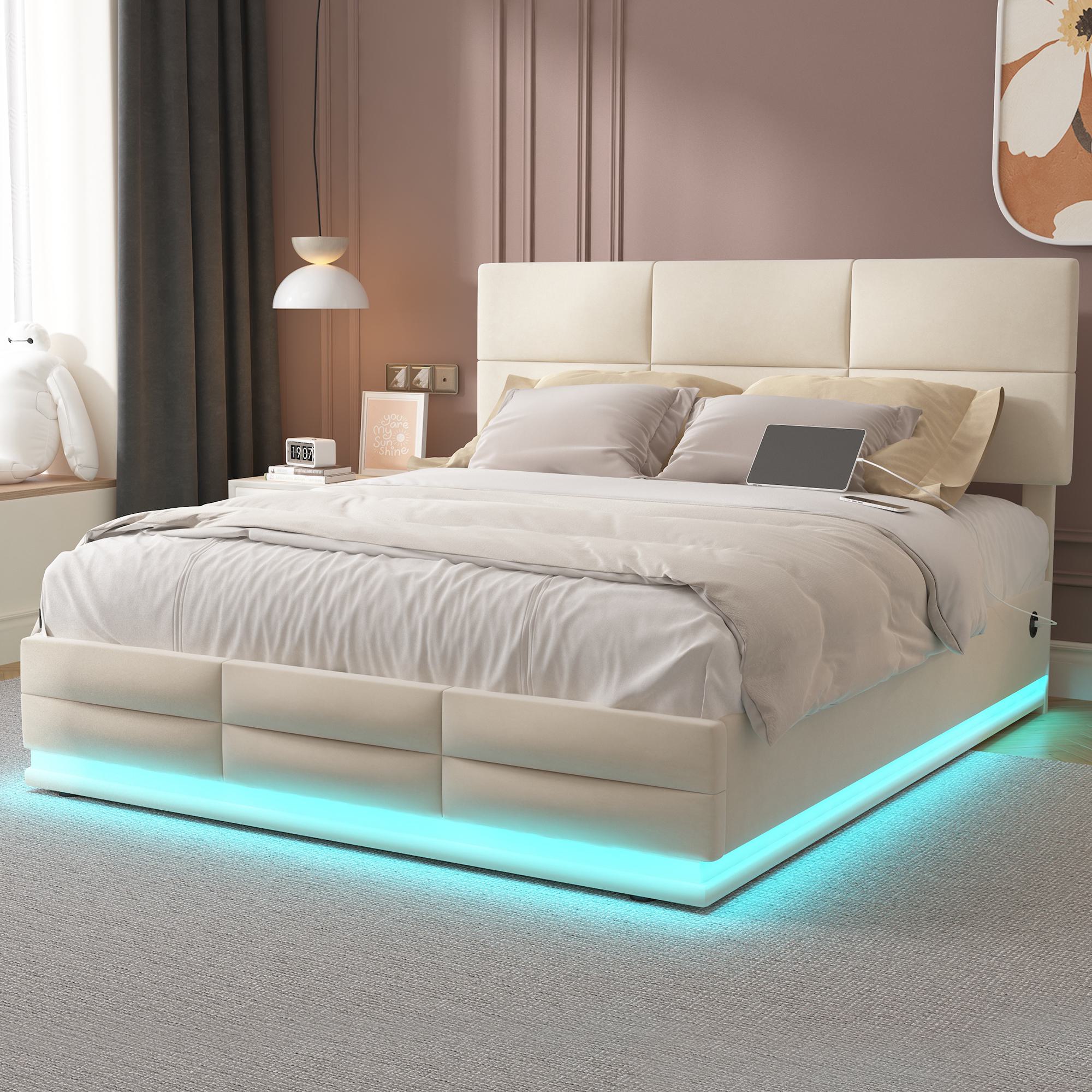 Doppelbett mit Stauraum 140x200 cm, LED-Licht, USB-Ladegerät, Samtstoff, Beige