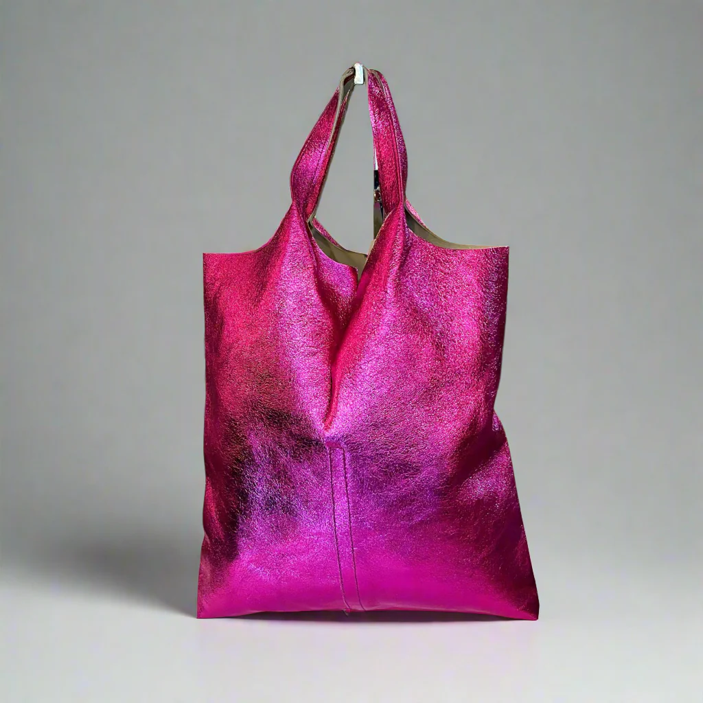 Metallic Leather Tote Bag with Attached Pouch Hot Pink �C Stylish & Functional