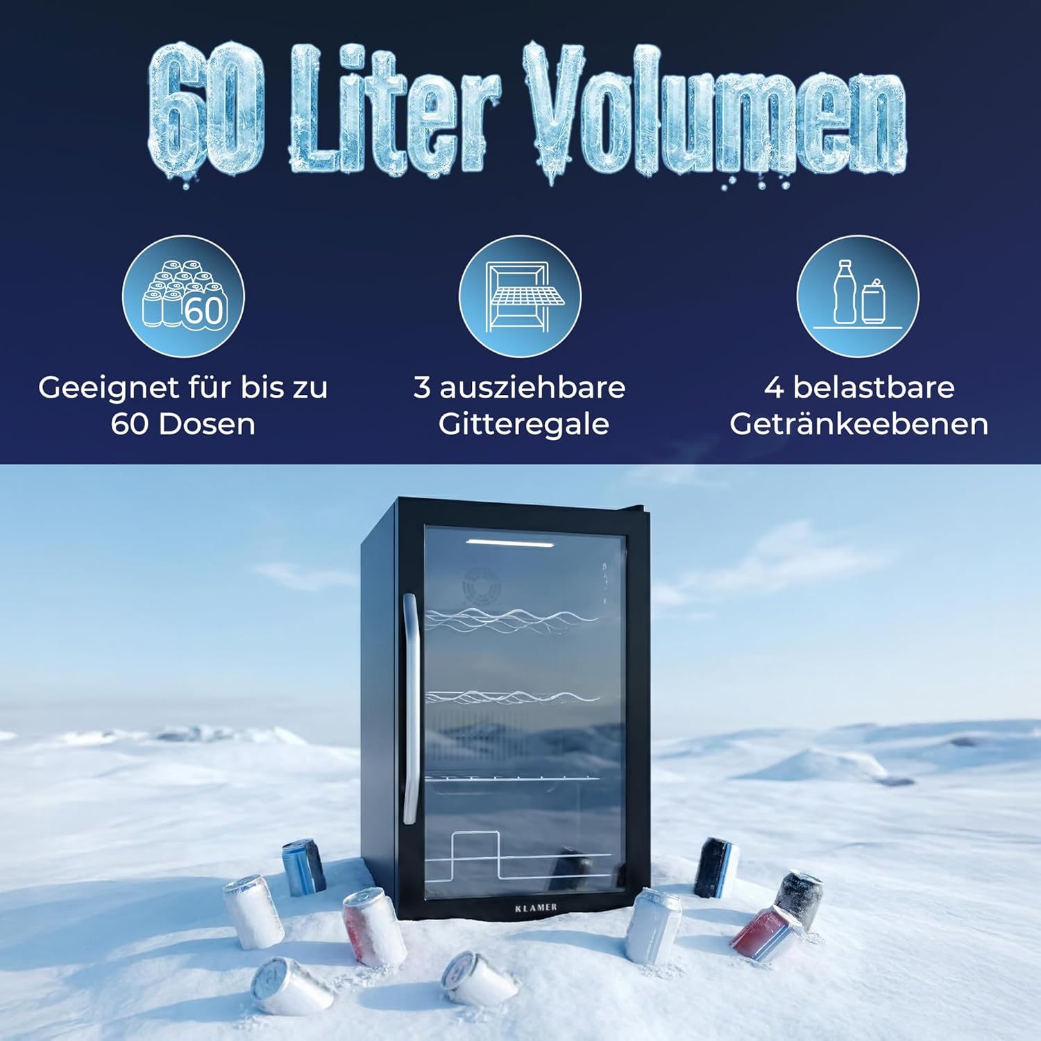 KLAMER Getränkekühlschrank 60 L, Mini Kühlschrank bis 60 Dosen, 0–20°C Touch Display, Glasfront, Automatische Abtaufunktion, Edelstahlgriff, Kühlschrank ohne Gefrierfach