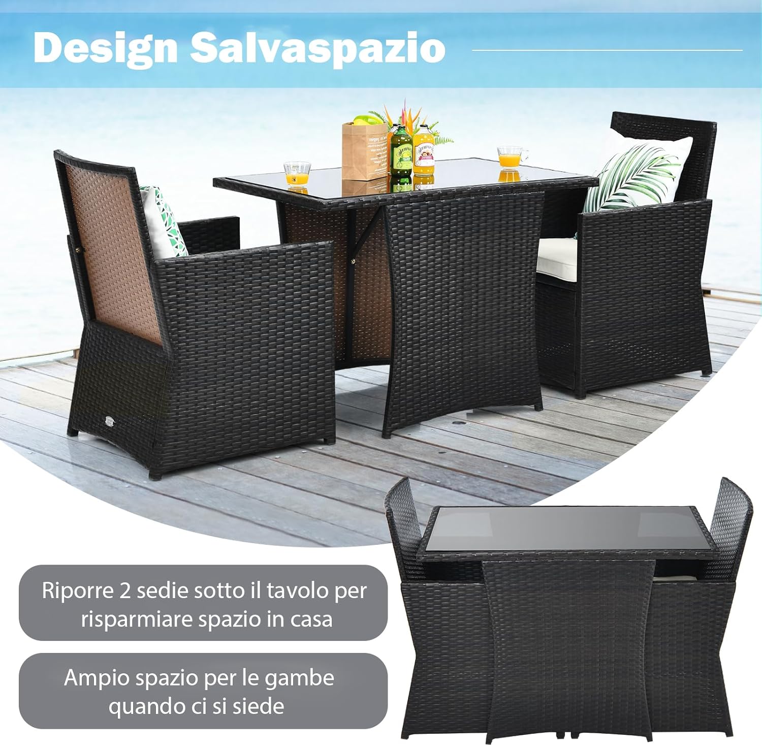 COSTWAY 3 Pezzi Set Mobili da Esterno, Set da Giardino in Rattan PE Salvaspazio con Piano Tavolo in Vetro Temperato e Sedie Imbottite, Tavolo e Sedia da Balcone