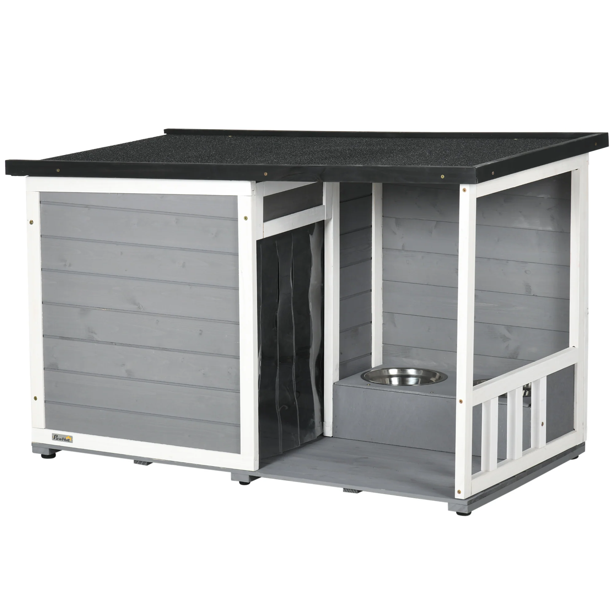 PawHut Hundehütte mit überdachter Veranda und Futternäpfen Outdoor