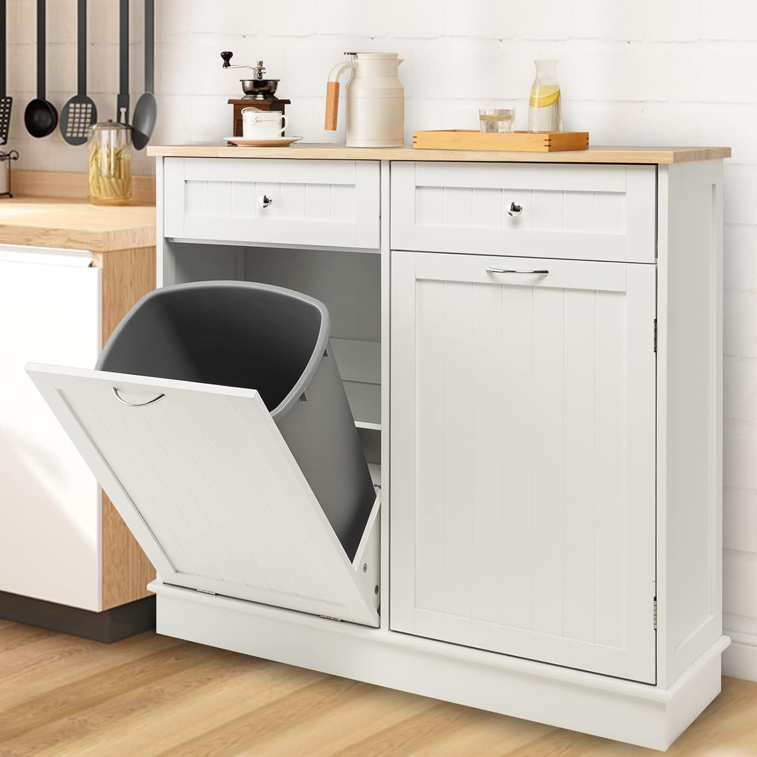 GYMAX Credenza da Cucina, Isola da Cucina con 2 Cassetti, Ripiano Regolabile, Vassoio in Gomma per Sala da Pranzo, Soggiorno, Adatto per Bidone (non incluso) da 42L, 100 x 35 x 90,5 cm (bianco)
