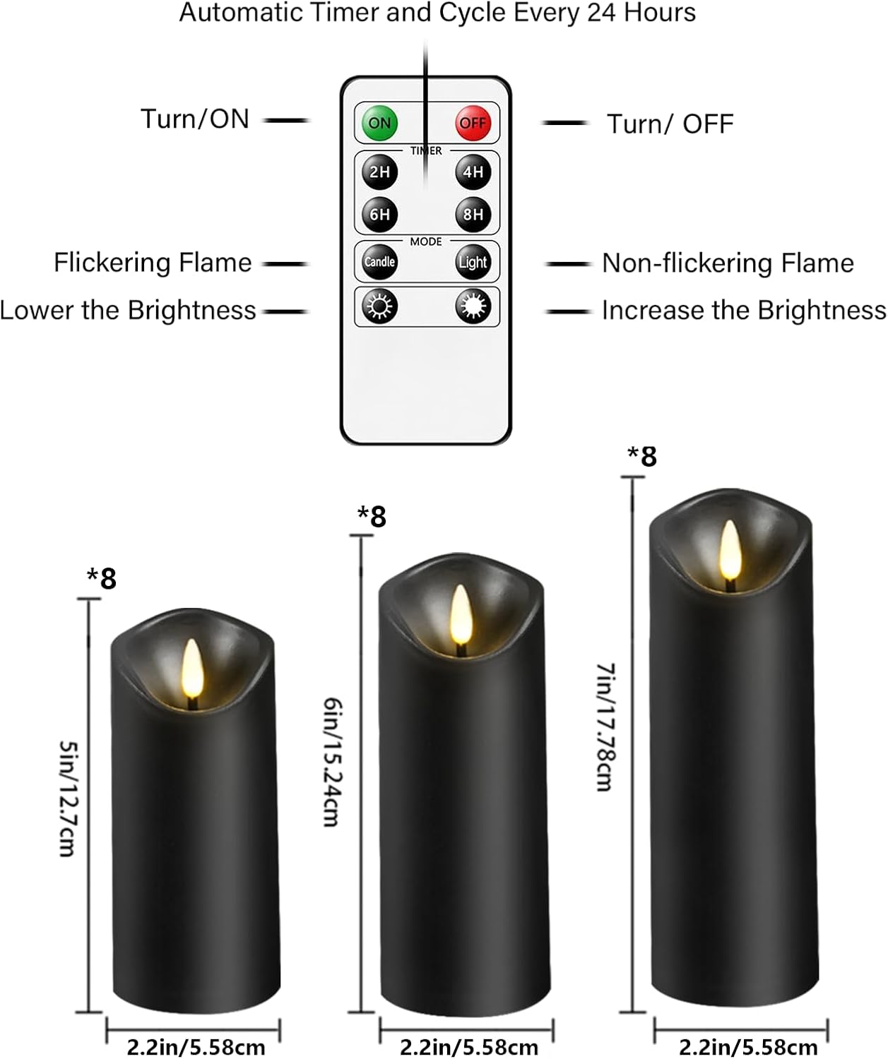 Flackernde flammenlose Kerzen, batteriebetriebene LED-Stumpenkerzen aus Kunststoff mit Fernbedienung und Timer, 24 Stück (Schwarz)