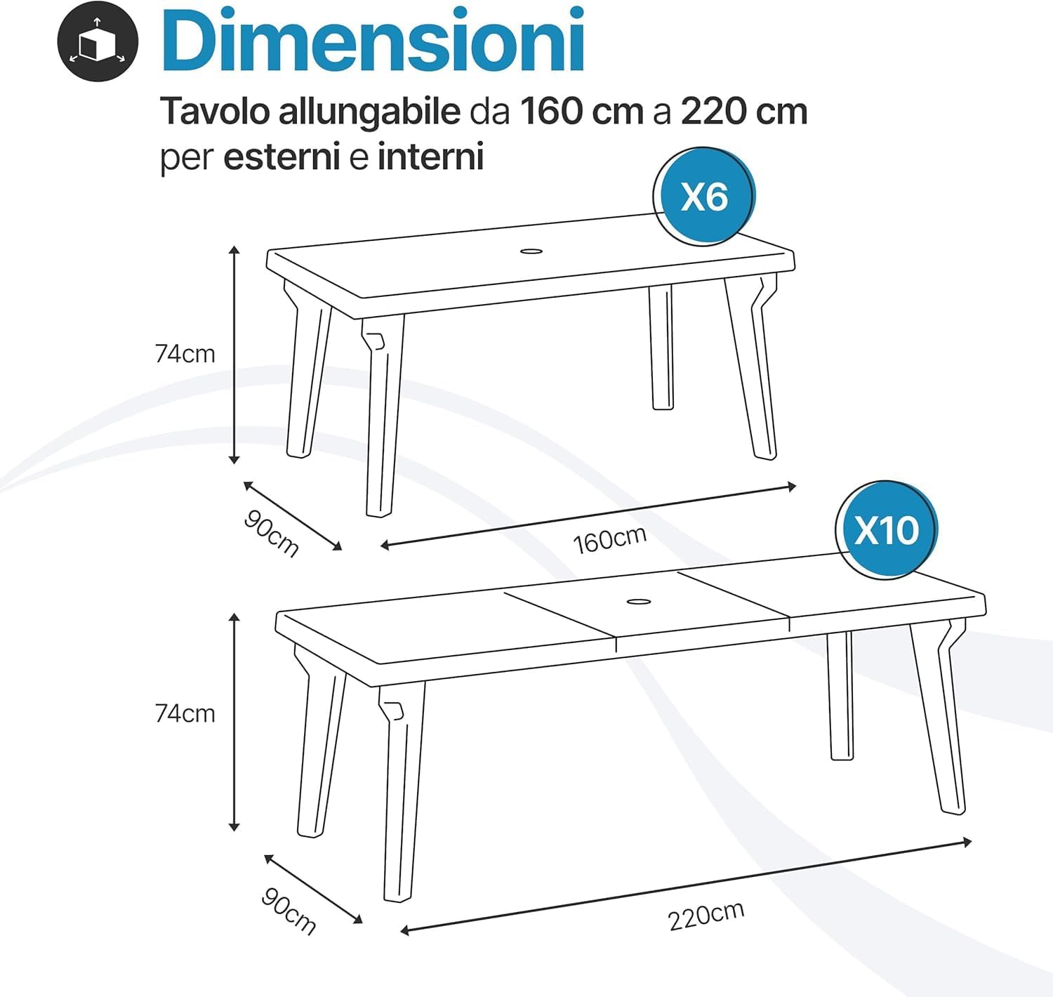 Tomaino - Table and 6 Plastic Garden Chairs Set - with Extendable Extension, with Armrests, Stackable, for Outdoor, Terrace - Norden Dining Set (Black)