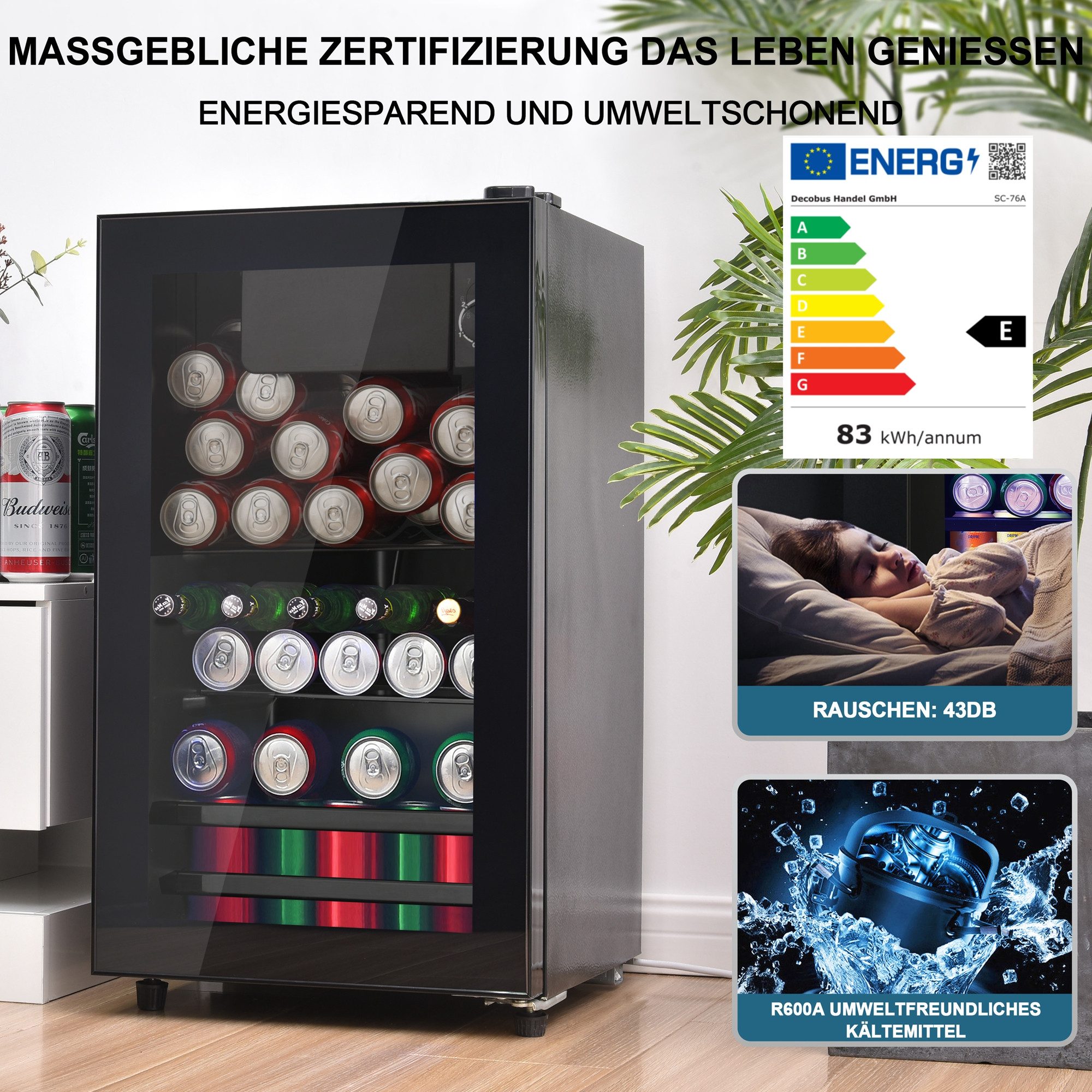 Kühlschrank 76L mit Gefrierfach, Glastür, verstellebare Ablage, Getränkekühlschrank SC-76A