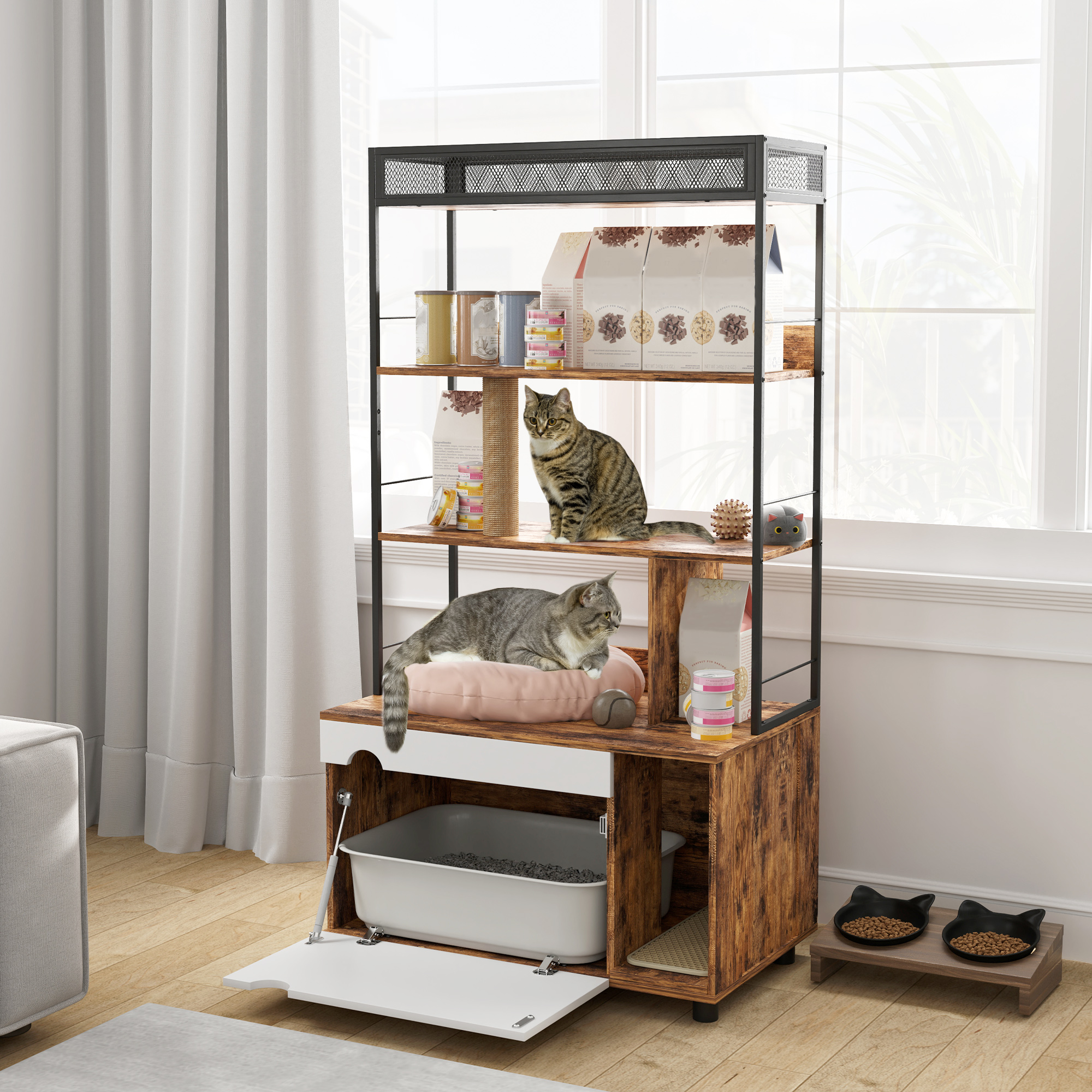 PawHut Katzentoilette mit 3-Ebenen-Regal und Kratzpfosten, geschlossenes Katzenklo, 80 x 48 x 152 cm, Braun