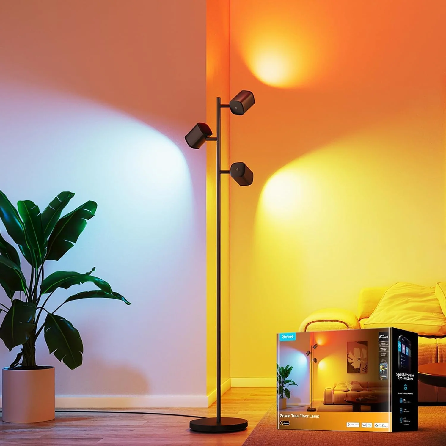 Govee Standleuchten & Deckenfluter, 157 cm, Schwarz, 3-Flammen LED Stehlampe, RGBWW Fokus-Verstellbar Stehleuchte