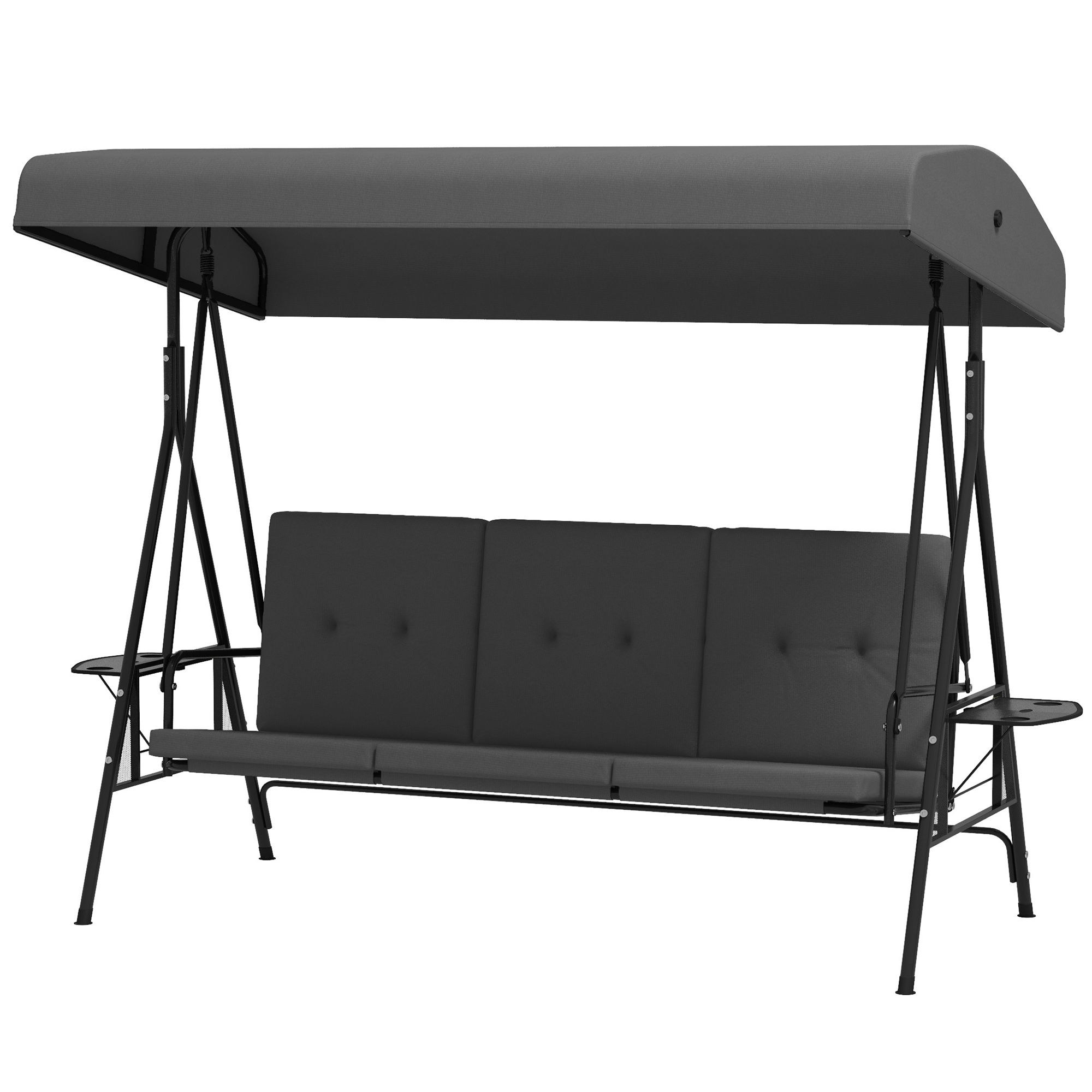 Outsunny Garten-Liegeschaukel für 3 Personen mit verstellbarem Sonnendach, 2 klappbaren Seitentabletts, Kissen, aus Stahl und Polyester