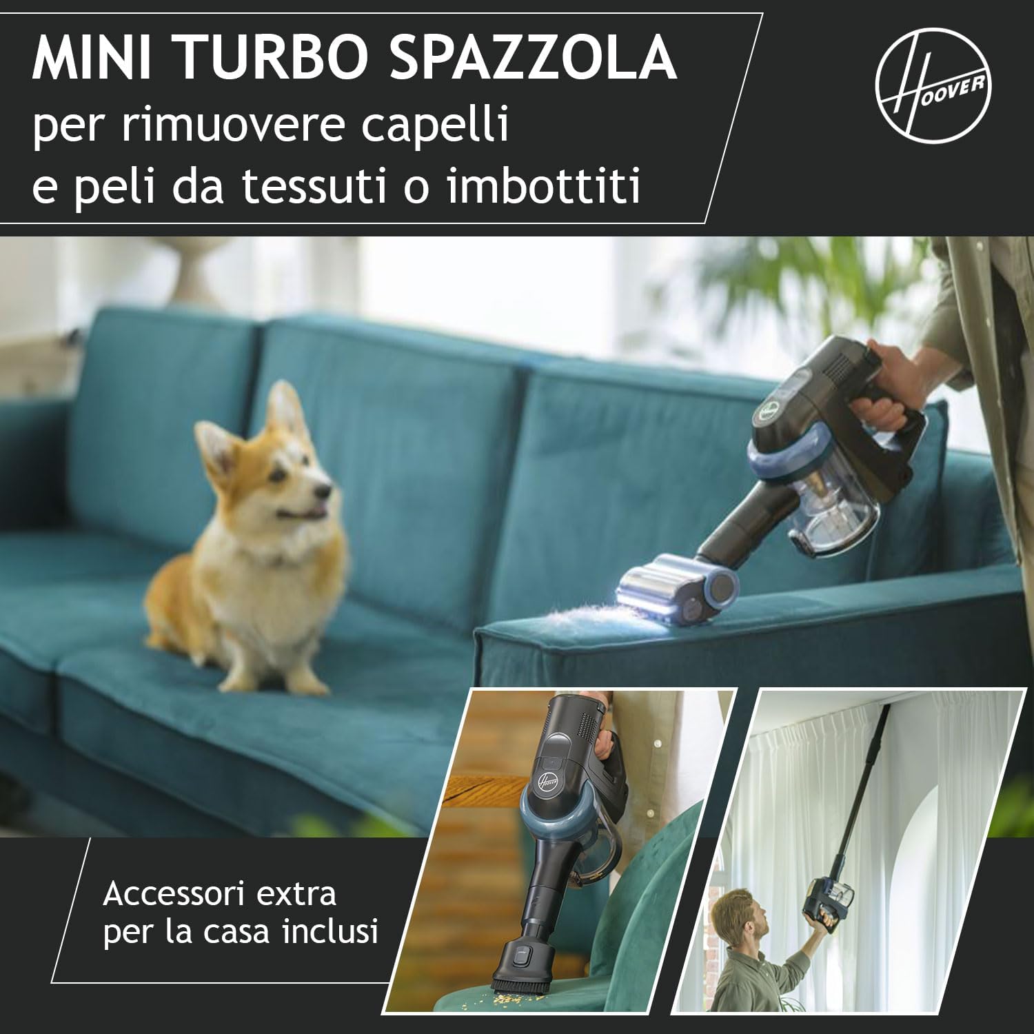 HOOVER Nuovo aspirapolvere senza fili, manovrabilità a 360° per pavimenti duri, spazzola anti-groviglio con luci LED integrate, mini turbo spazzola per rimuovere capelli e peli di animali [HF401P]