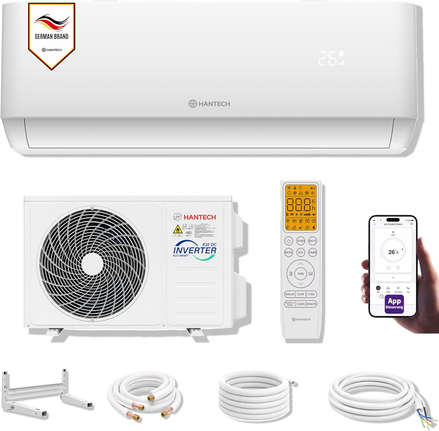 HANTECH H-PRO Split Klimaanlage 12000 BTU für Räume bis 45 m² als Komplettset mit Kupferleitungen - Luft-Luft-Wärmepumpen Technologie - Smart Home kompatibel, WiFi - Heizen, Kühlen, Entfeuchten