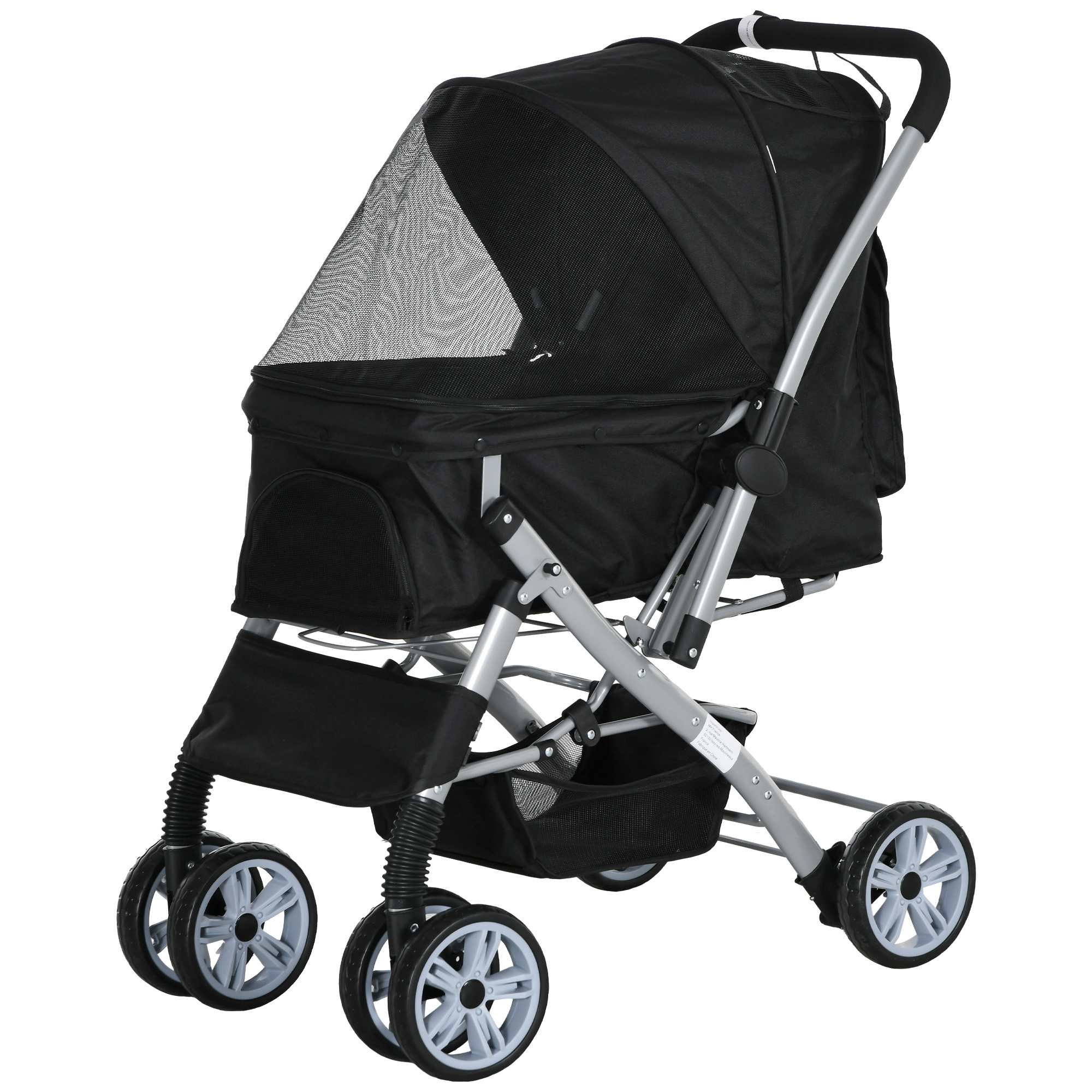 PawHut Faltbarer Buggy für Hunde und Katzen mit Korb und Aufbewahrungstasche, Sicherheitsgurte, verstellbare Hülle, Epoxidbeschichtetes Stahl, Oxford-Gewebe, Schwarz