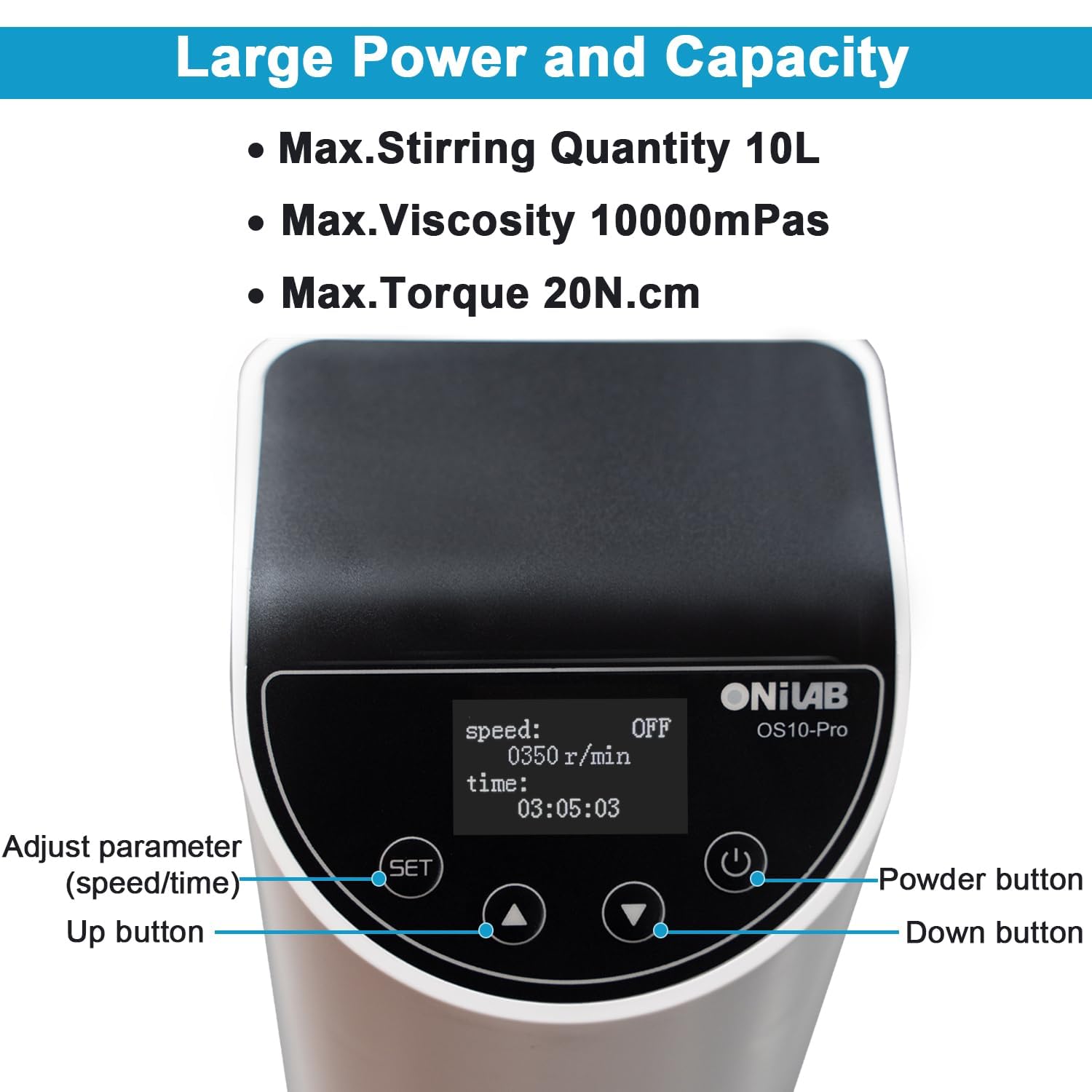 ONiLAB Elektrischer Overhead Rührer, LED Digital Overhead Rührer Mixer mit Rührstab, 20L,10000 mPas, 50~2200RPM, Aluminiumlegierung (Stand enthalten)