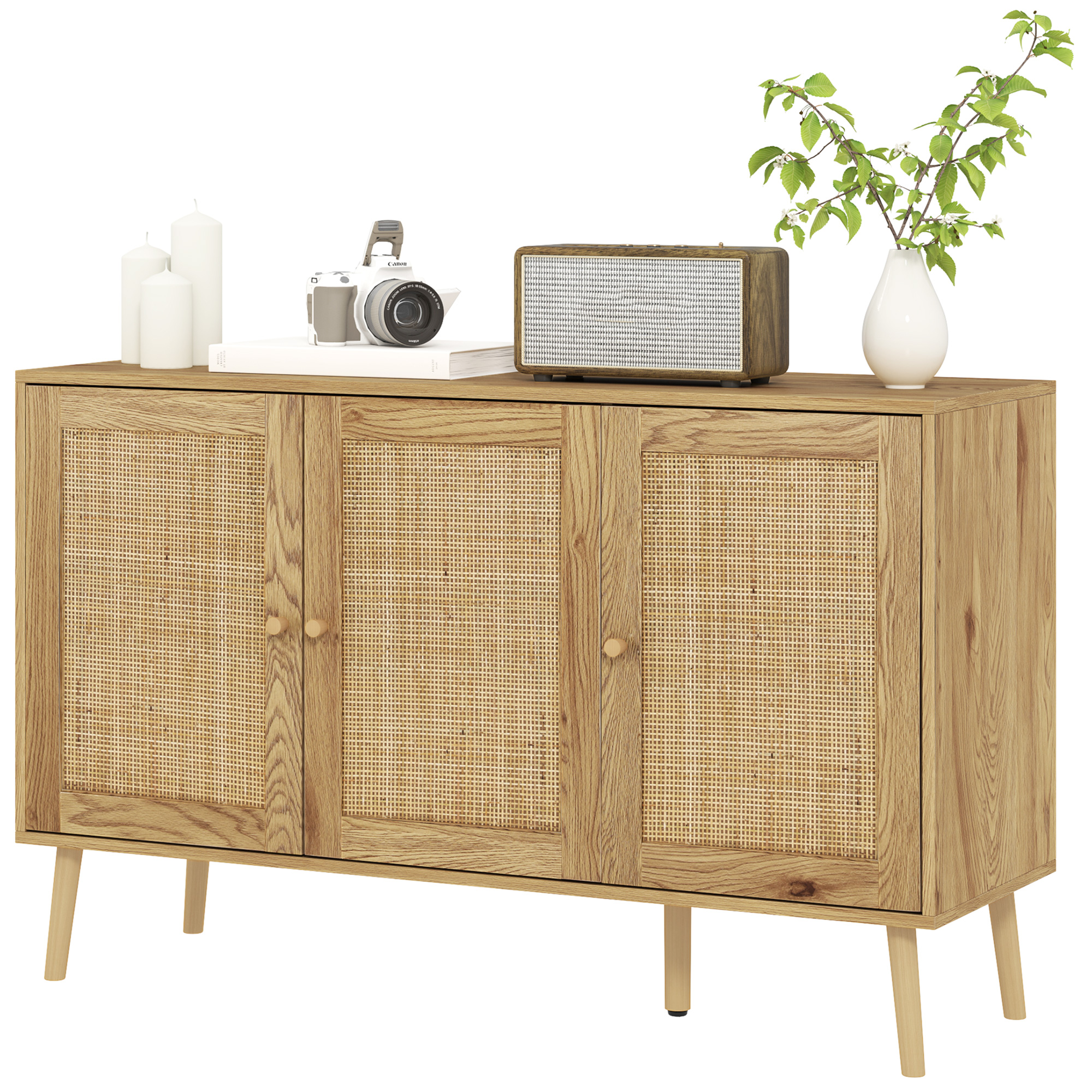 HOMCOM Buffet Wohnzimmerschrank Stauraum mit Rattantüren und verstellbarem Regal, Naturholzoptik