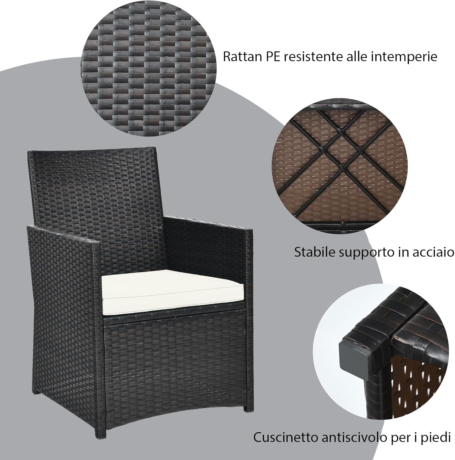 COSTWAY 3 Pezzi Set Mobili da Esterno, Set da Giardino in Rattan PE Salvaspazio con Piano Tavolo in Vetro Temperato e Sedie Imbottite, Tavolo e Sedia da Balcone
