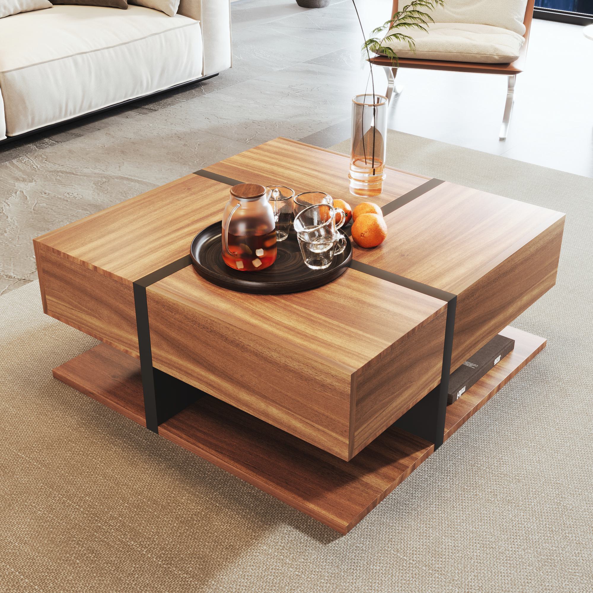 Quadratischer Couchtisch 78x78 cm, Modernes Design mit Unterablage fürs Wohnzimmer, Naturfarbe