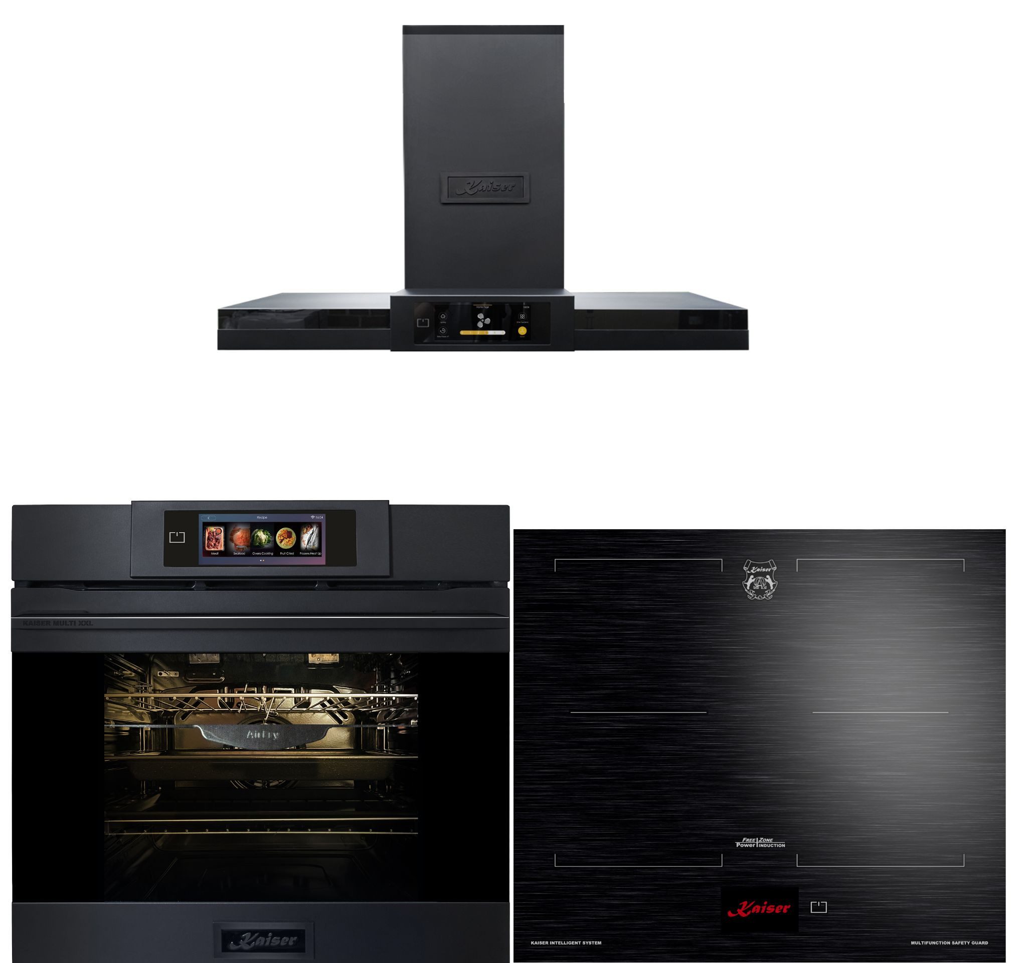 Backofen-Set Herd Set Autark Einbaubackofen XXL Multi 29, Multifunktions-Elektro-Backofen mit Pyrolise und Dampfreinigung, 60 cm+Induktionskochfeld 60 cms+Dunstabzugshaube 90 cm TFT Display 1100 m3/h EH 6347+KCT 6140 FI+AT 9342