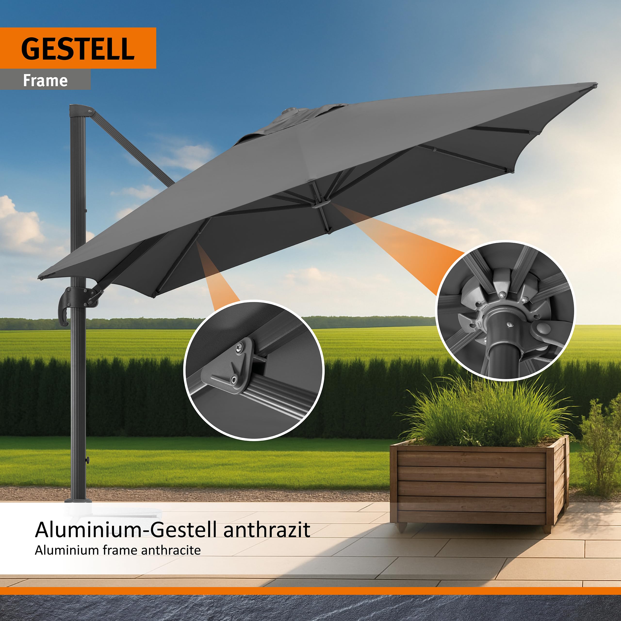 Sonnenschirm RHODOS GRANDE 400 x 300 cm anthrazit, rechteckig mit UV-Schutz 50+, Aluminium-Gestell und 360° Drehgelenk