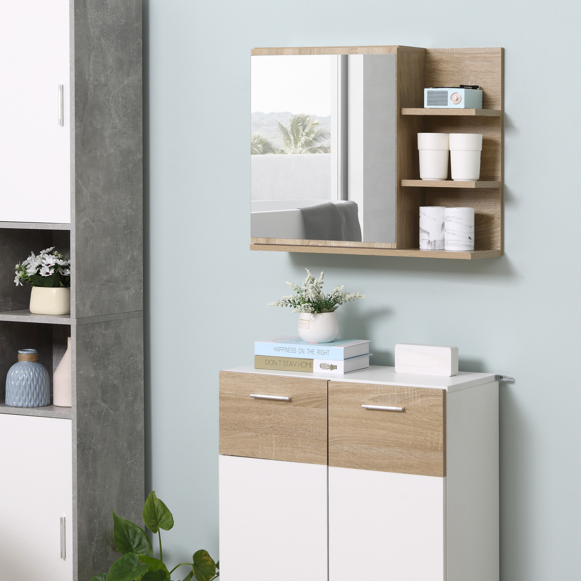 kleankin Spiegelschrank Badschrank Hängeschrank Badmöbel Wandschrank Mehrzweckschrank mit offener Fächern Spanplatte Glas Natur 60 x 18 x 50 cm