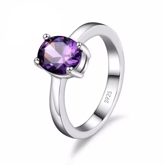 Purple Silver Oval-Shaped Clear Stone Ring