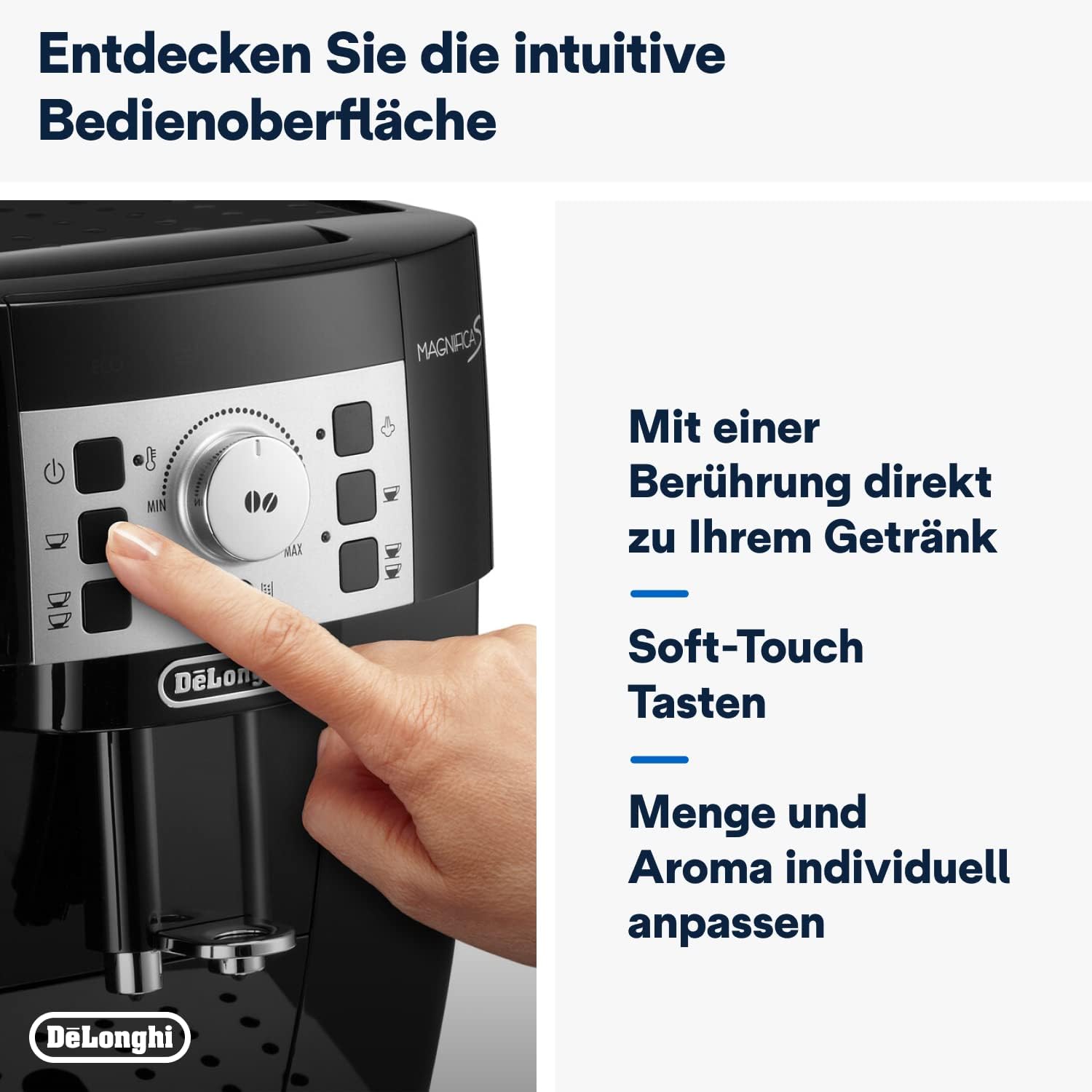 De'Longhi Magnifica Start ECAM222.60.BG, Kaffeevollautomat mit LatteCrema-Milchsystem für Automatischen Cappuccino, 4-Direktwahl-Tasten, Soft-Touch-Bedienfeld, x2-Funktion, 1450W, Schwarz/Grau