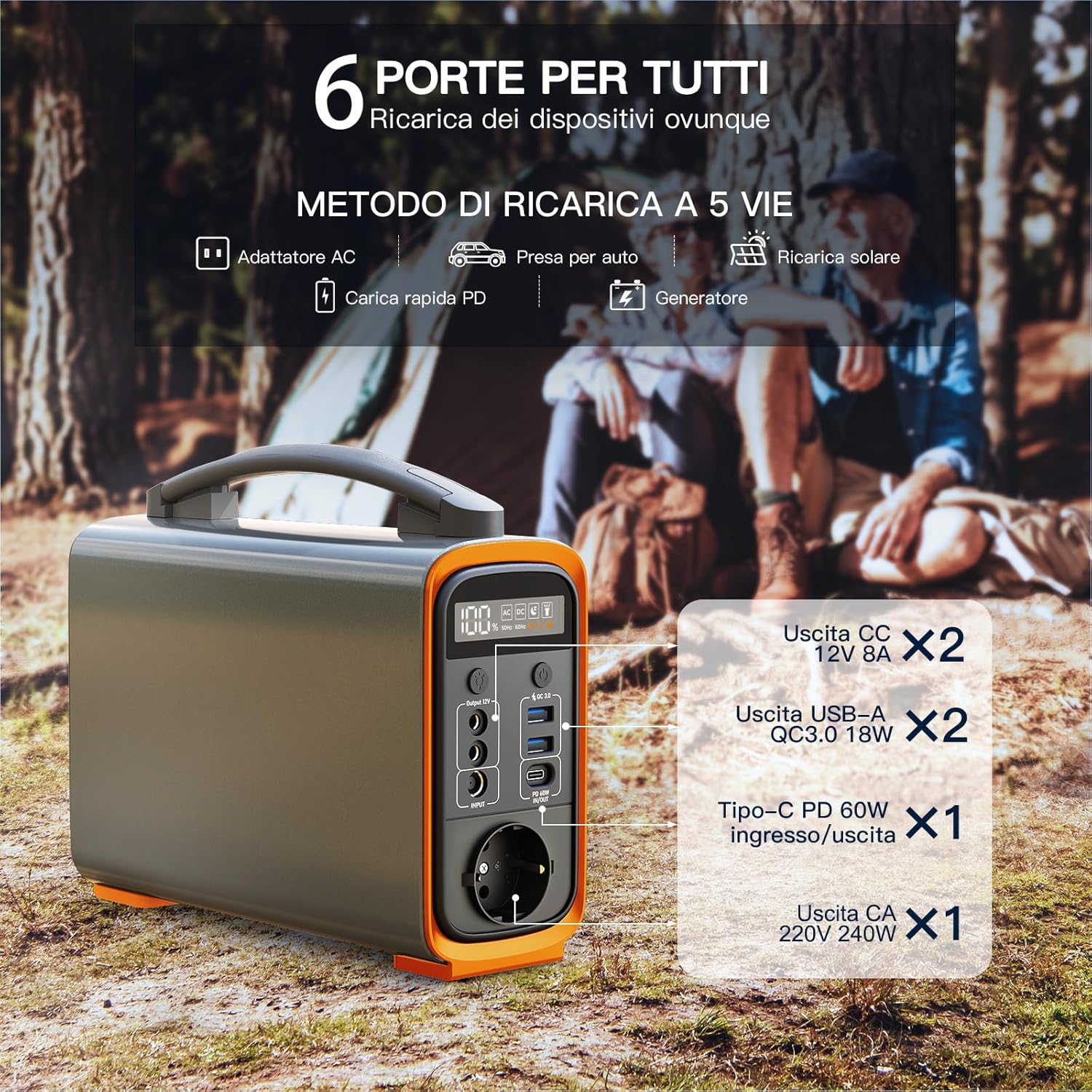 JustNow Stazione di Ricarica Portatile 240W/240Wh, Batteria LiFePo4 Mobile con Uscita AC/DC/USB/PD 60W, Generatore Solare per Campeggio, Outdoor, Camper (GT240)