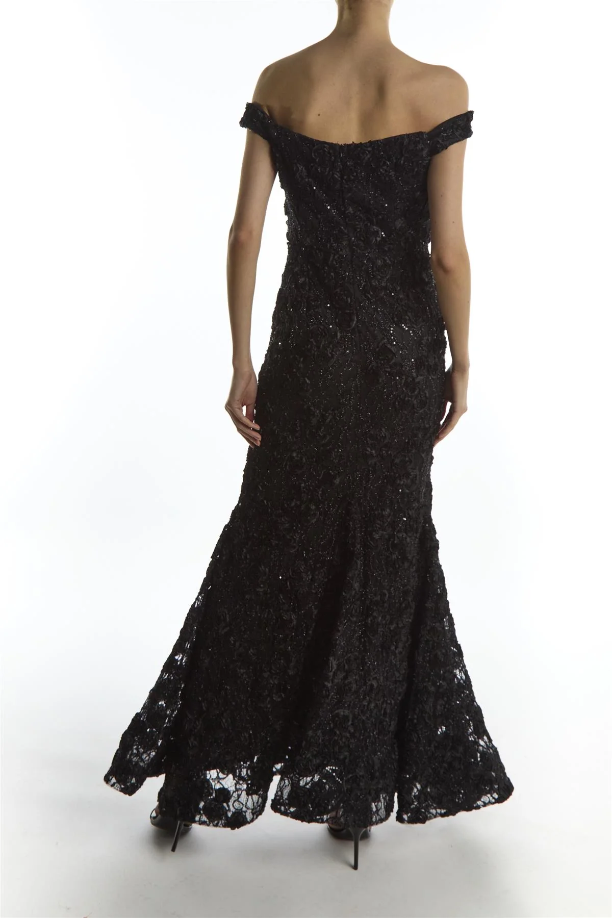 Etta Black Lace Bardot Off Shoulder Evening Maxi Gown