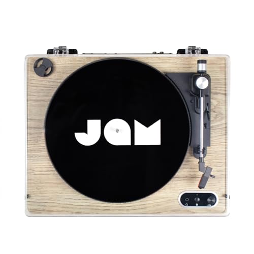 JAM Giradischi Sound Stream, giradischi portatile senza fili, Bluetooth, connessione USB, uscita RCA, ingresso AUX, 3 velocità RPM, copertura antipolvere   Venatura del legno : Elettronica