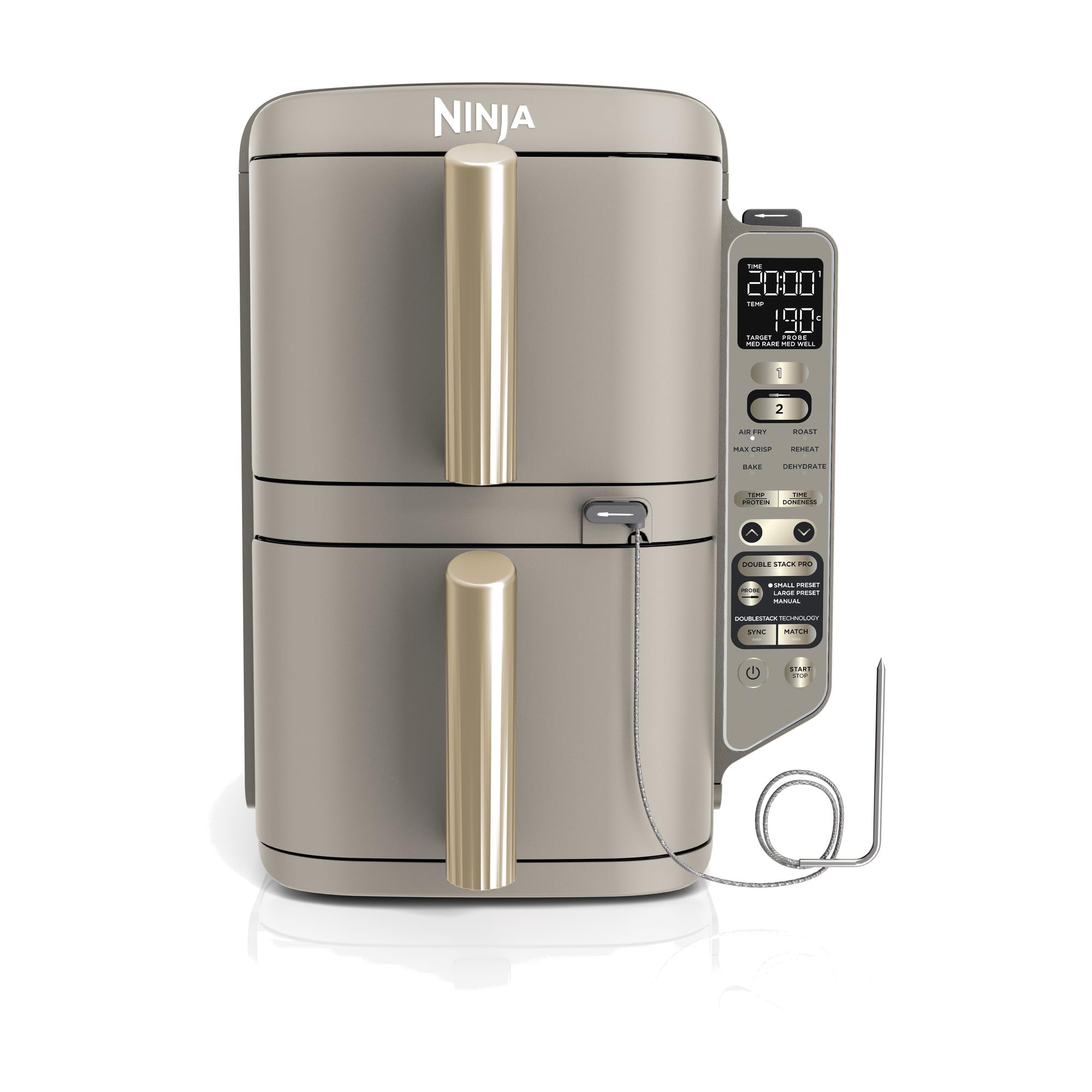Heißluftfritteuse Double Stack XL 9,5 l mit 6 Funktionen, 2 Garzonen und digitalem Bratenthermometer, Steingold