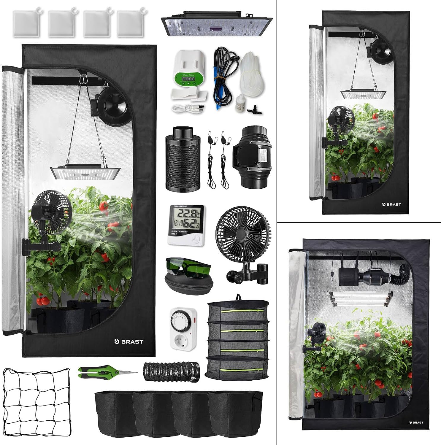 BRAST Zuchtzelte, 120x60x180 cm, 60x60x140 cm, Schwarz/Silber, Growzelt GrowBox, Komplettset inkl. Sonderzubehör