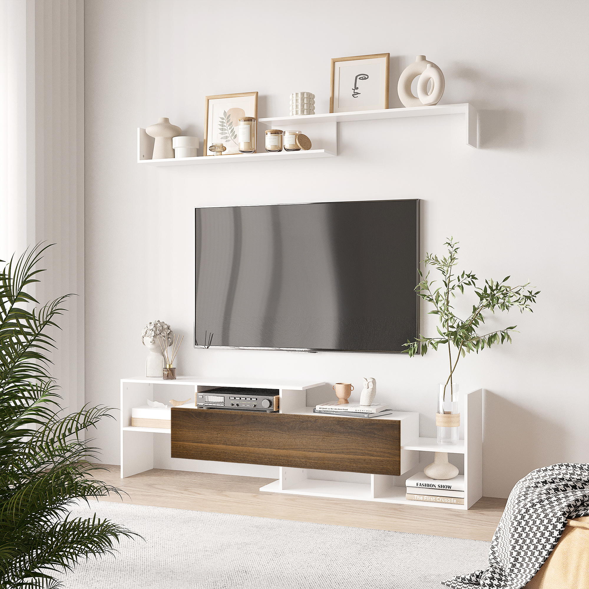 HOMCOM TV-Möbelset mit TV-Ständer und Wandregal im zeitgenössischen Stil 153,6L cm - Weiß und Braun