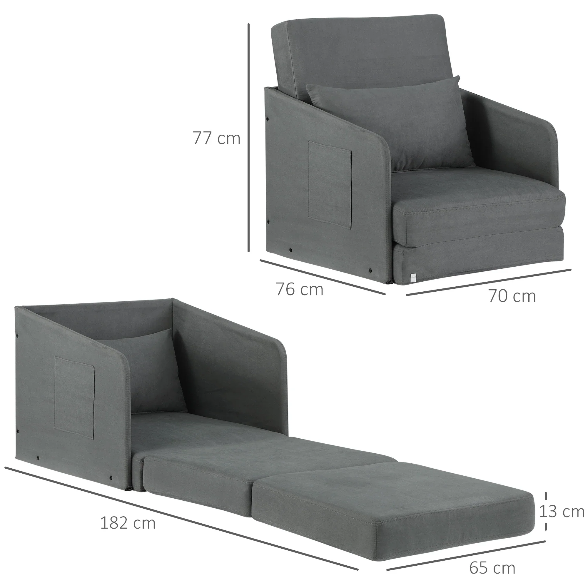 HOMCOM Schlafsessel mit Schlaffunktion und 2 Seitentaschen Wildlederimitat