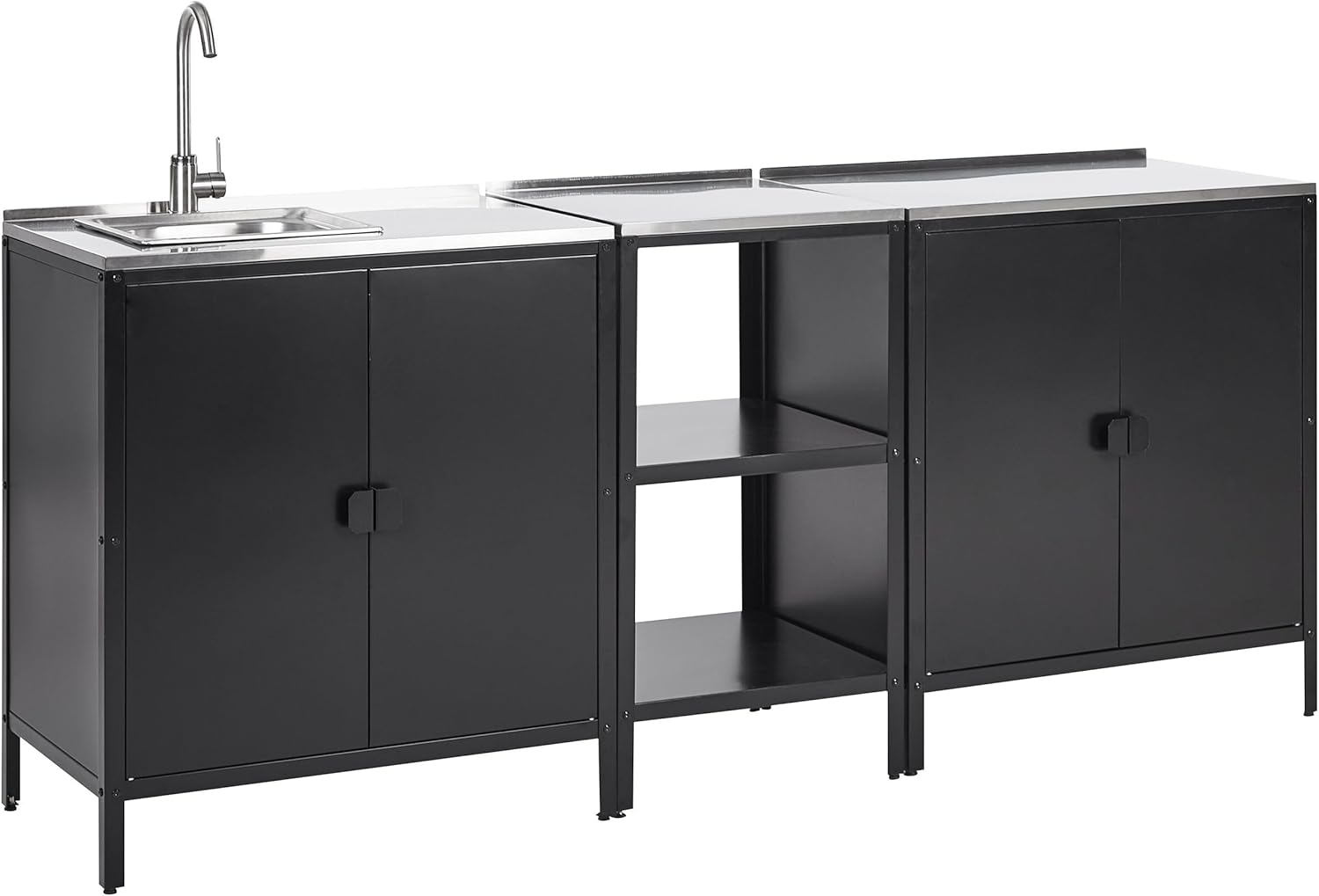 Set di cucina da esterno composto 3 elementi in acciaio nero 2 armadietti da cucina e vano portaoggetti con lavello a leva