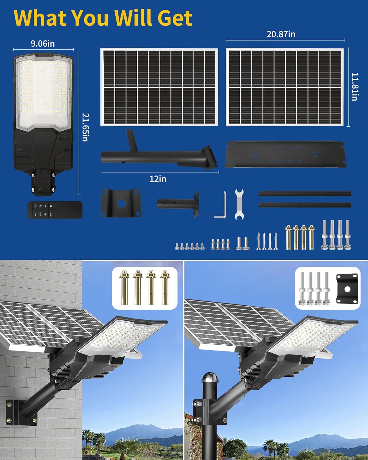 Gefolly SL-9000W Solar Straßenlaterne für Außen, Solarlampen mit Fernbedienung, 6500K Solarleuchten Dämmerung bis zum Morgengrauen IP67 Wegeleuchte im Freien für Gärten Garage