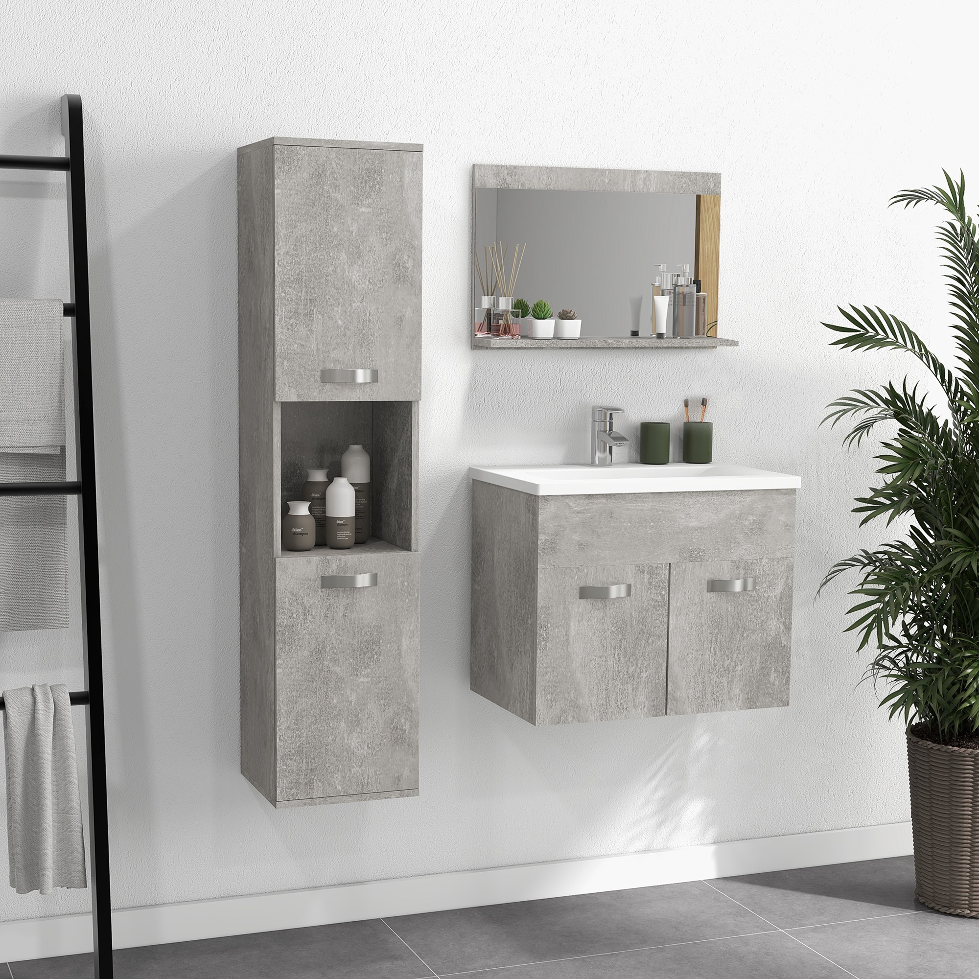 kleankin 3-teiliges Badezimmermöbel-Set mit Spiegelregal + Waschbeckenmöbel + wandmontierte Badschranksäule, grau