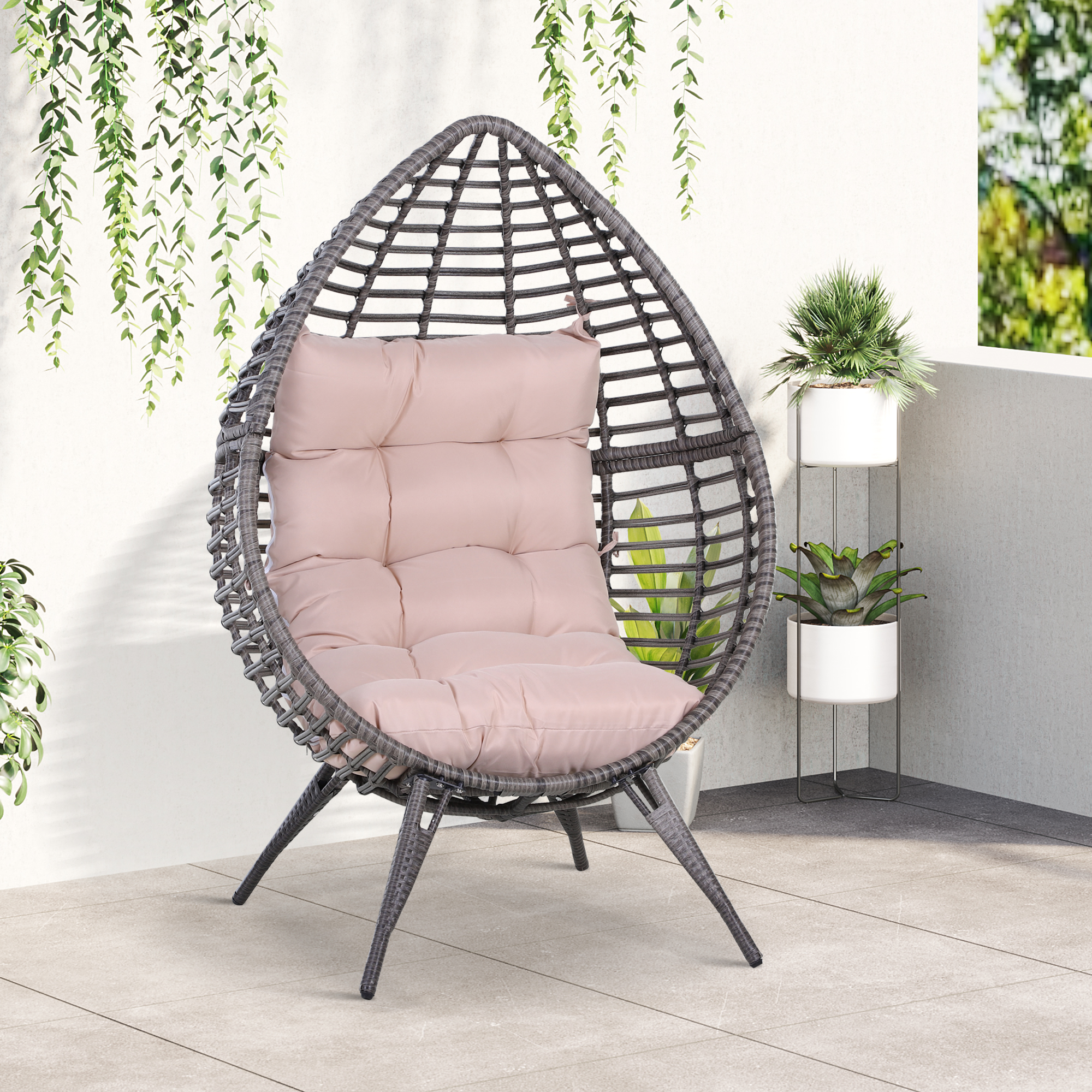 Outsunny Rattansessel mit Polsterauflage, Rattansessel, Out-doormöbel, Grau + Rosa