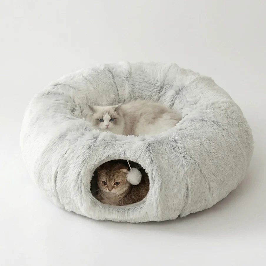Plush Cat Tunnel Bed �C Dual Purpose with Peephole & Machine Washable Cushion