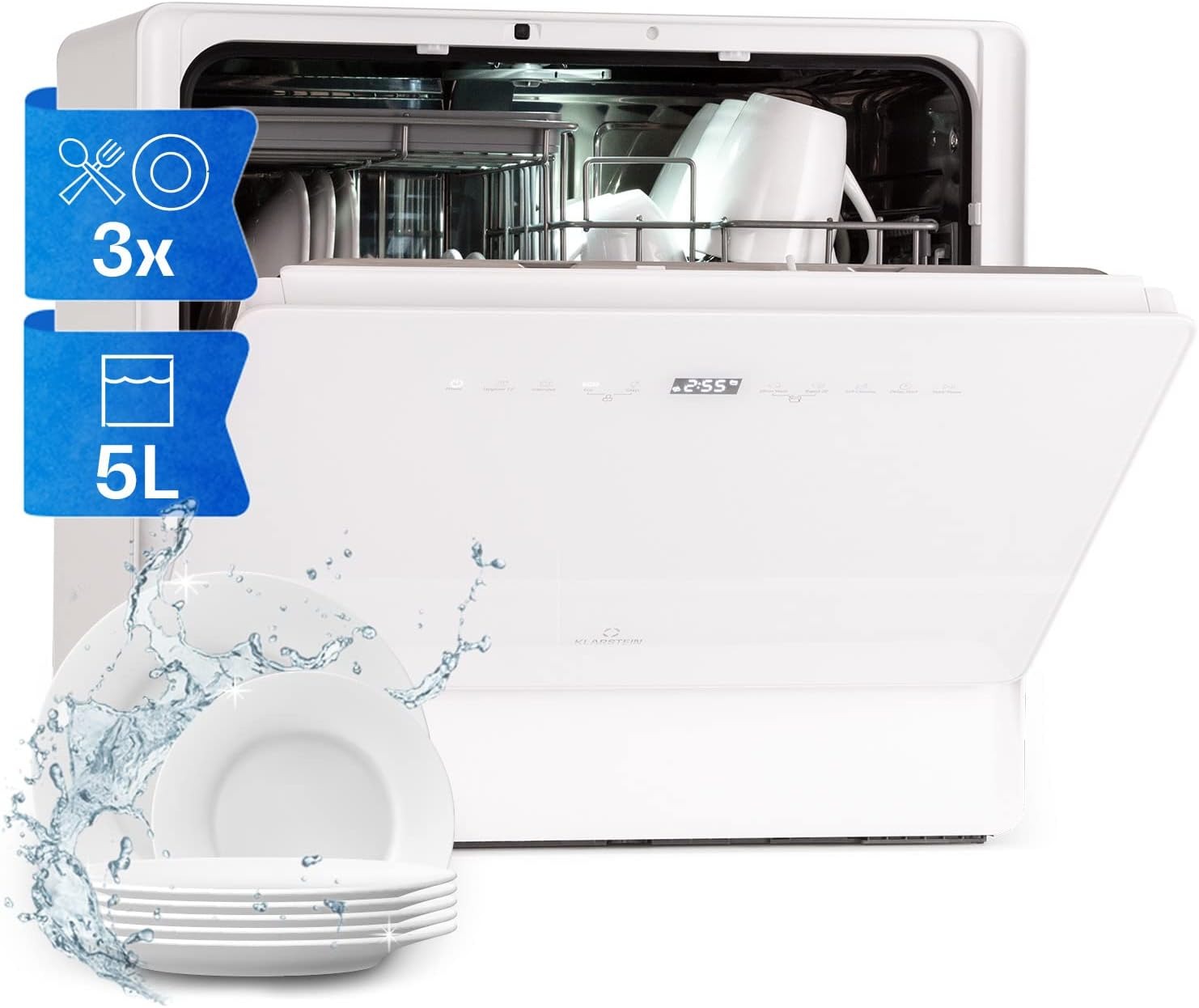 Klarstein Lavastoviglie 5 Coperti, Libera Installazione Silenziosa con 6 Programmi di Lavaggio, Piccola, Mini da Tavolo Compatta e Facile da Installare, Vetro, Bianco
