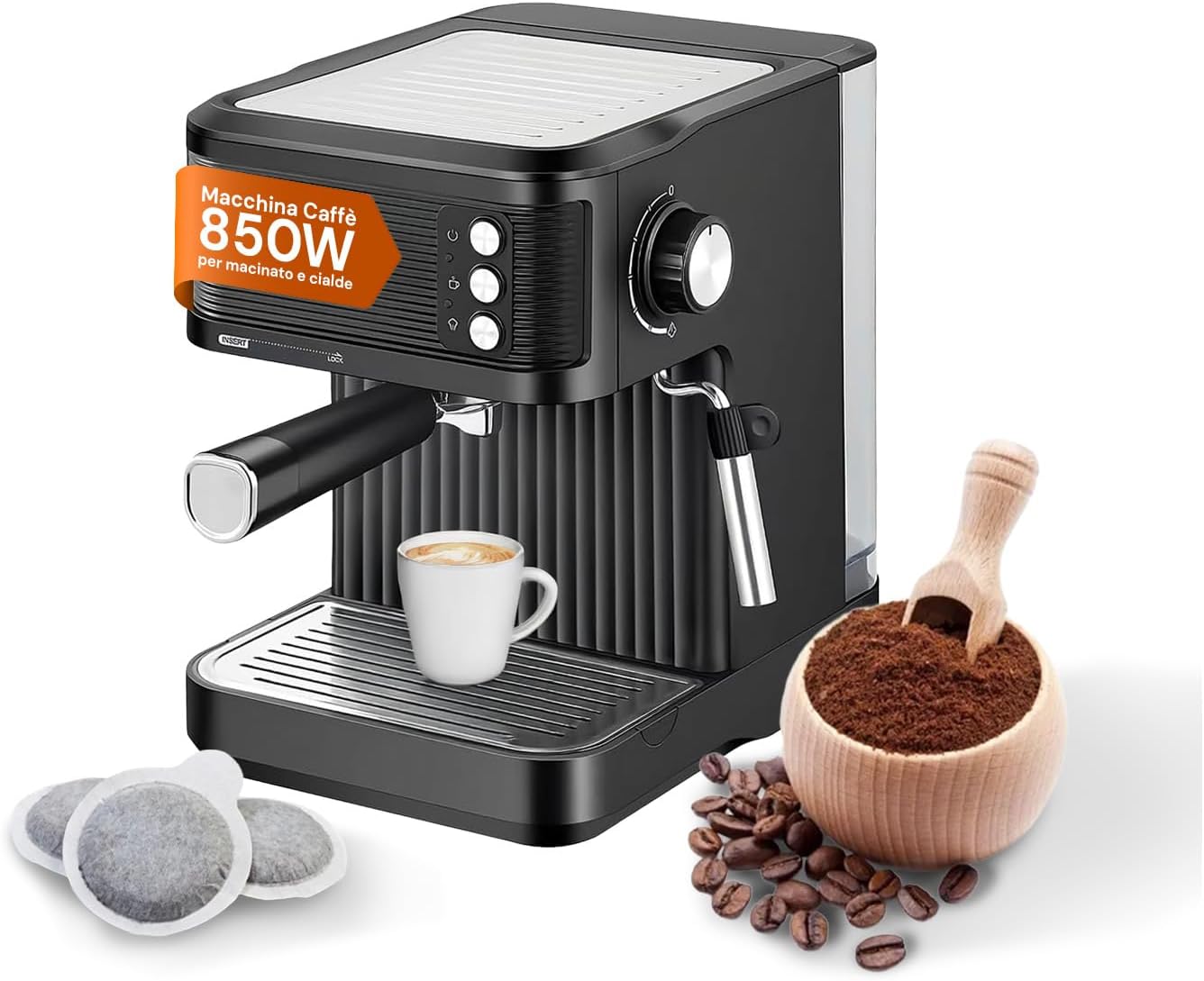 Avilia - Macchina Caffè 850W per Espresso Intenso con Filtro in Acciaio Inossidabile, Serbatoio da 2L e Compatibilità con Caffè Macinato e Cialde, Uso Facile e Design Compatto Nera