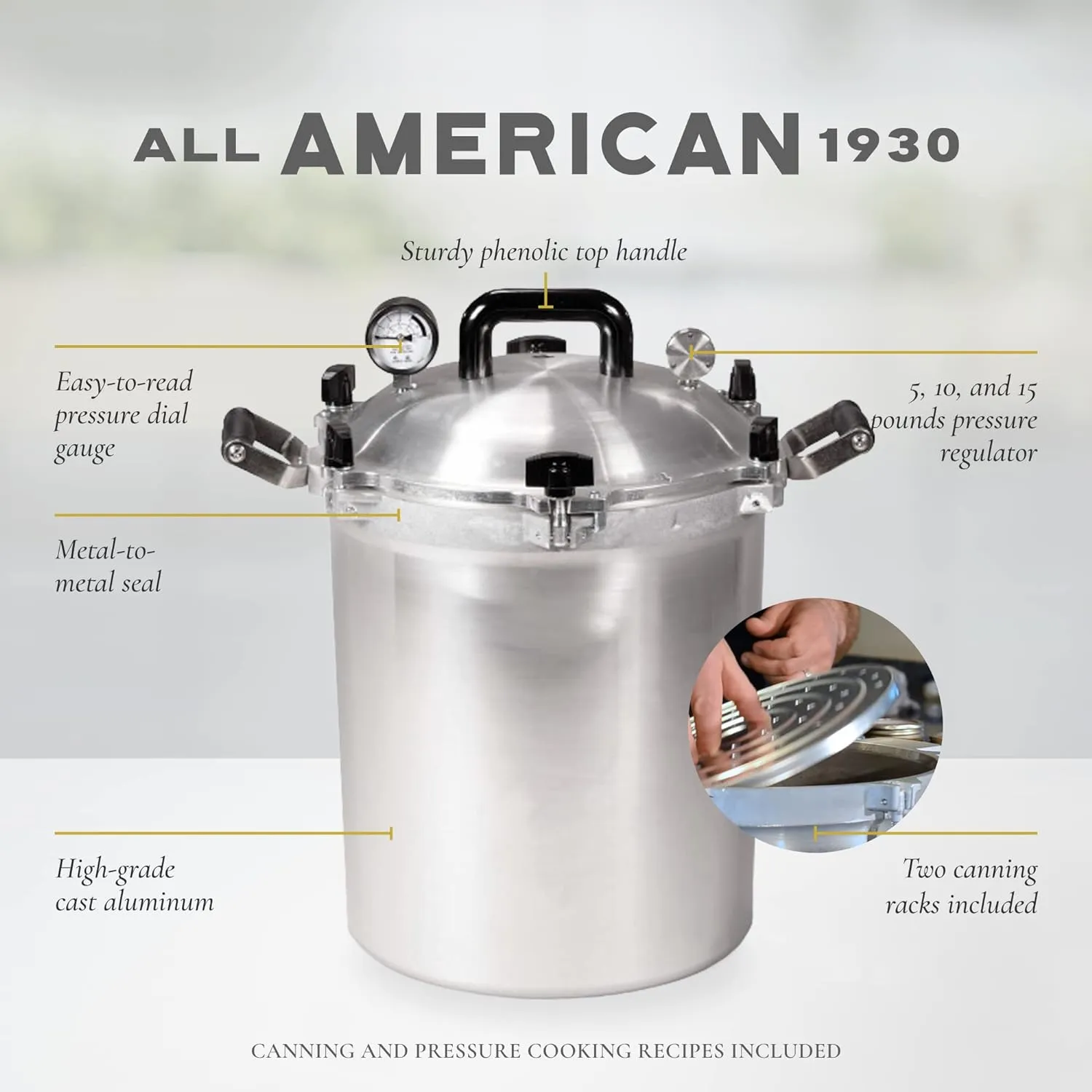 All American 1930 Pressure Cooker Canner, 21.5qt, Metal to Metal Seal, Aluminum, Gas/Electric Compatible, Made in USA